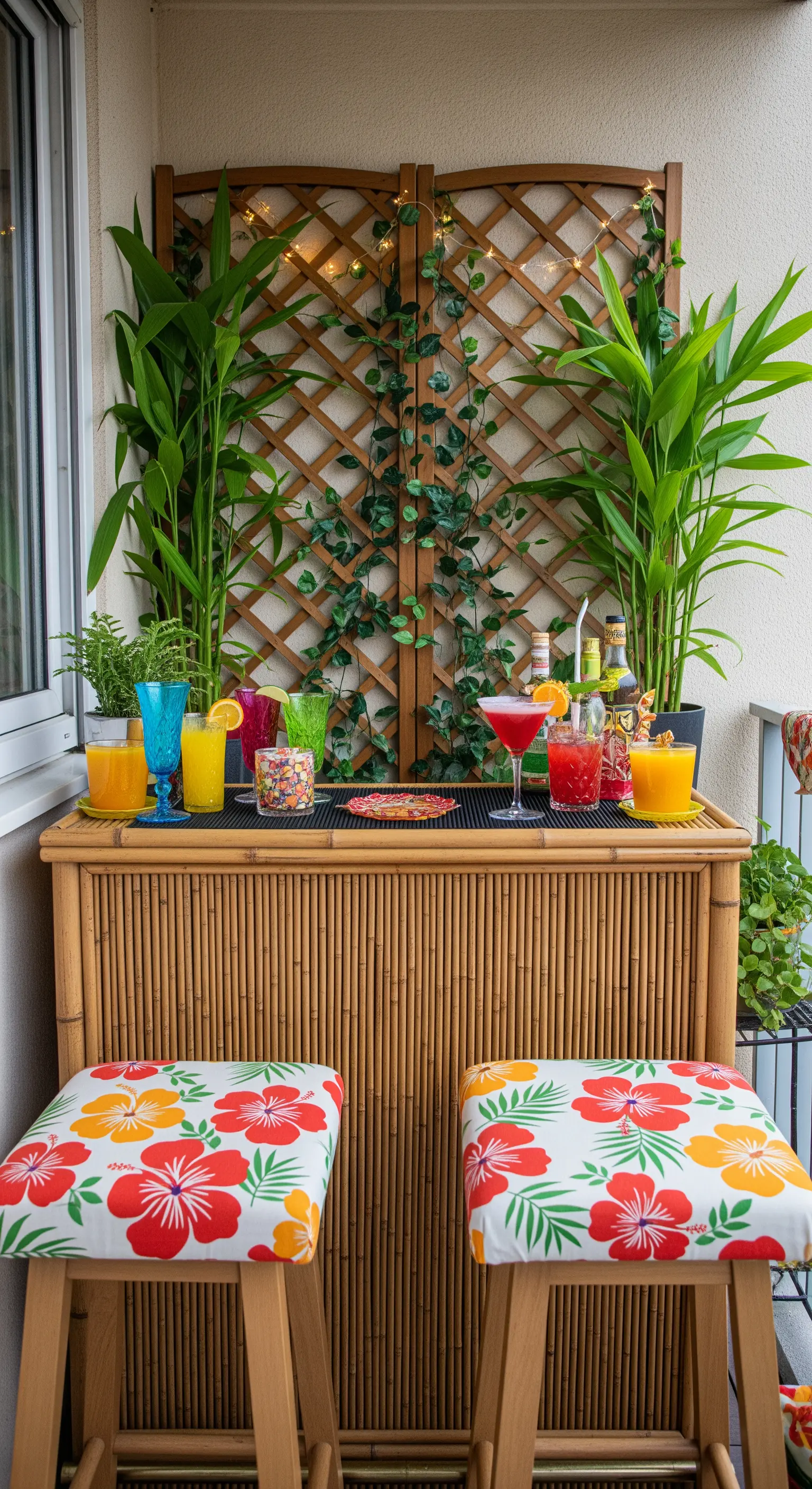 Angolo bar in bambù su un balcone, con sgabelli a fiori e piante di bambù.