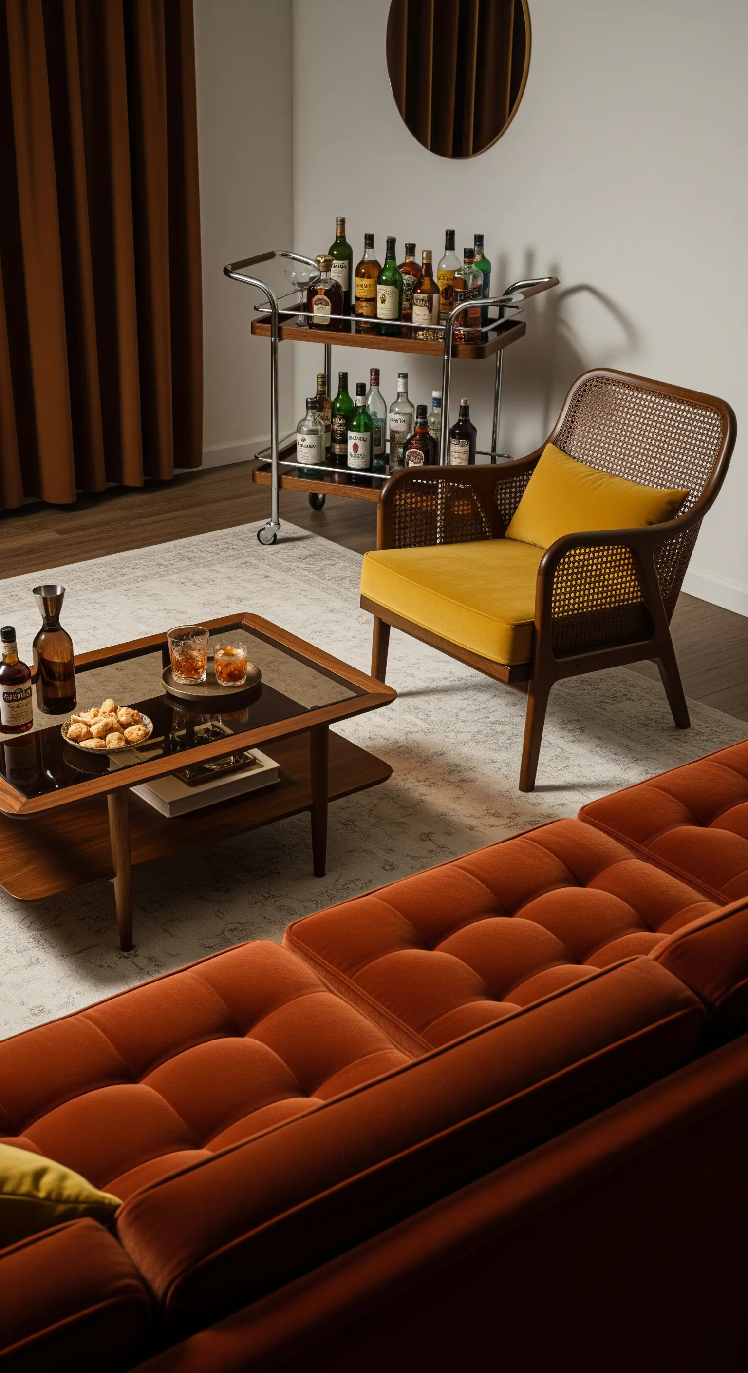 Angolo bar con carrello vintage, poltrona in rattan e un divano color ruggine.