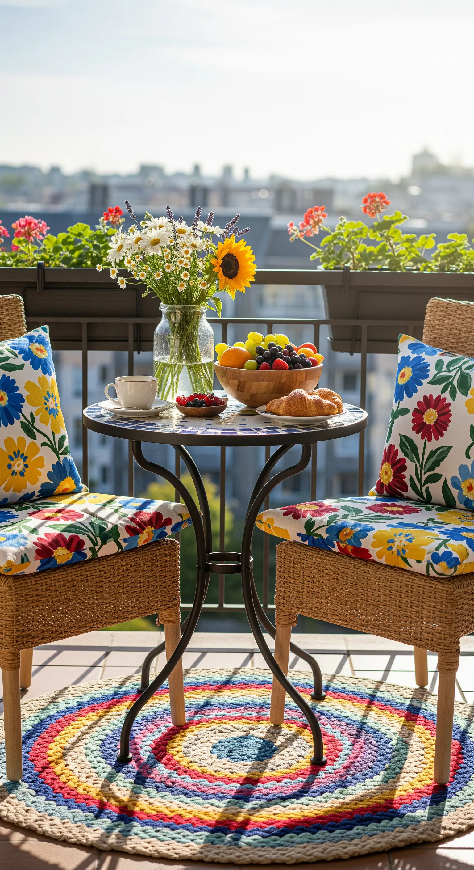 Tavolino da bistrot su un balcone con sedie in rattan, cuscini floreali e un tappeto rotondo.