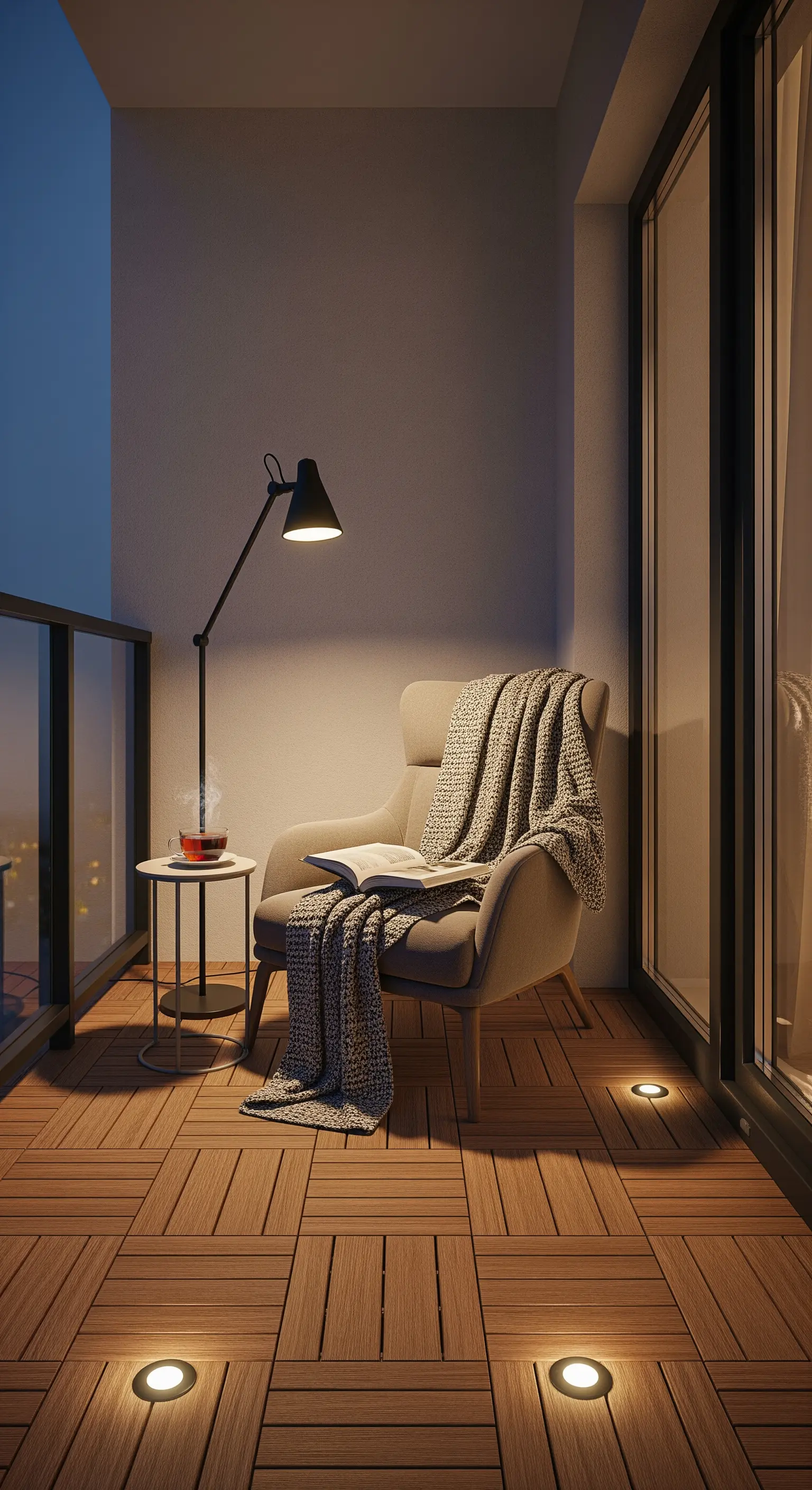Angolo lettura su un balcone con poltrona, lampada da terra e faretti a pavimento