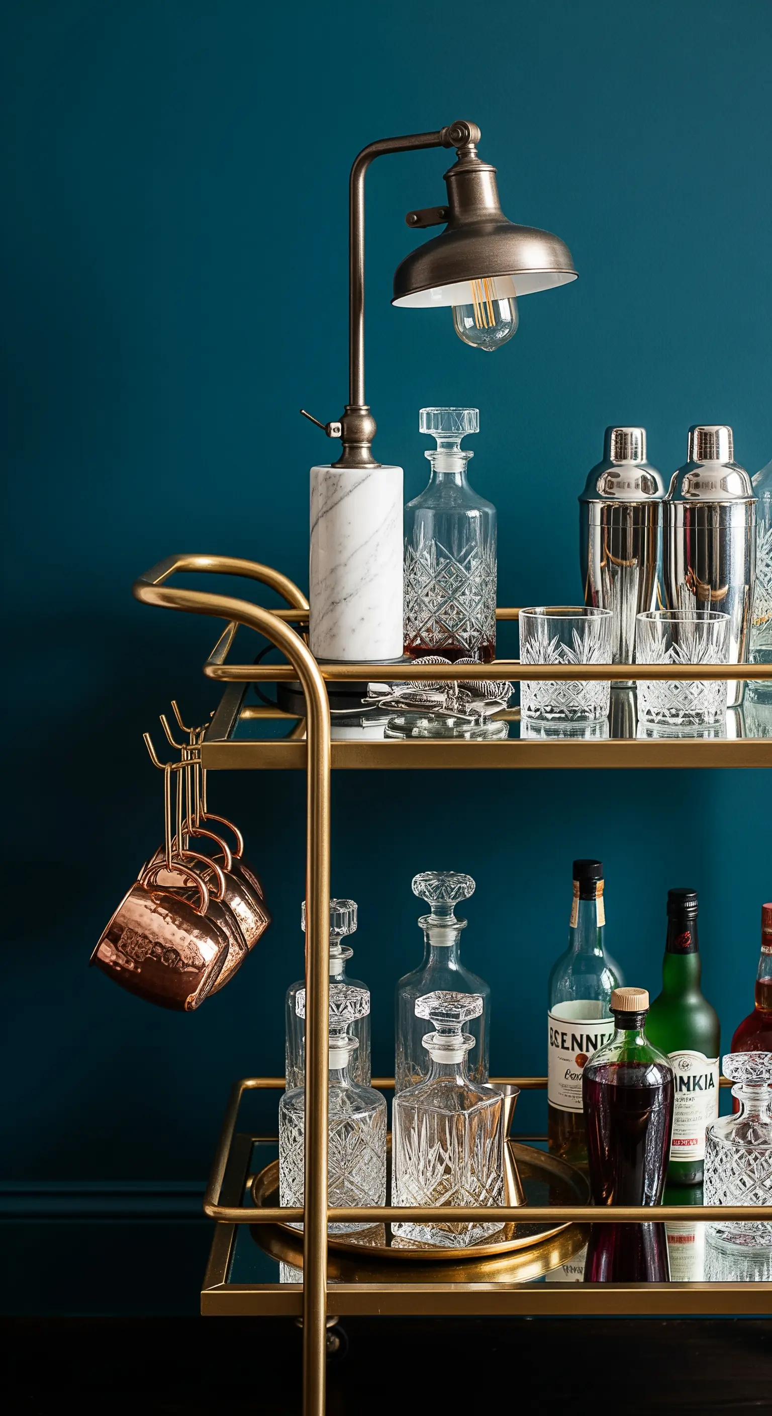 Carrello bar dorato con accessori da cocktail in acciaio, tazze in rame e una lampada in marmo.