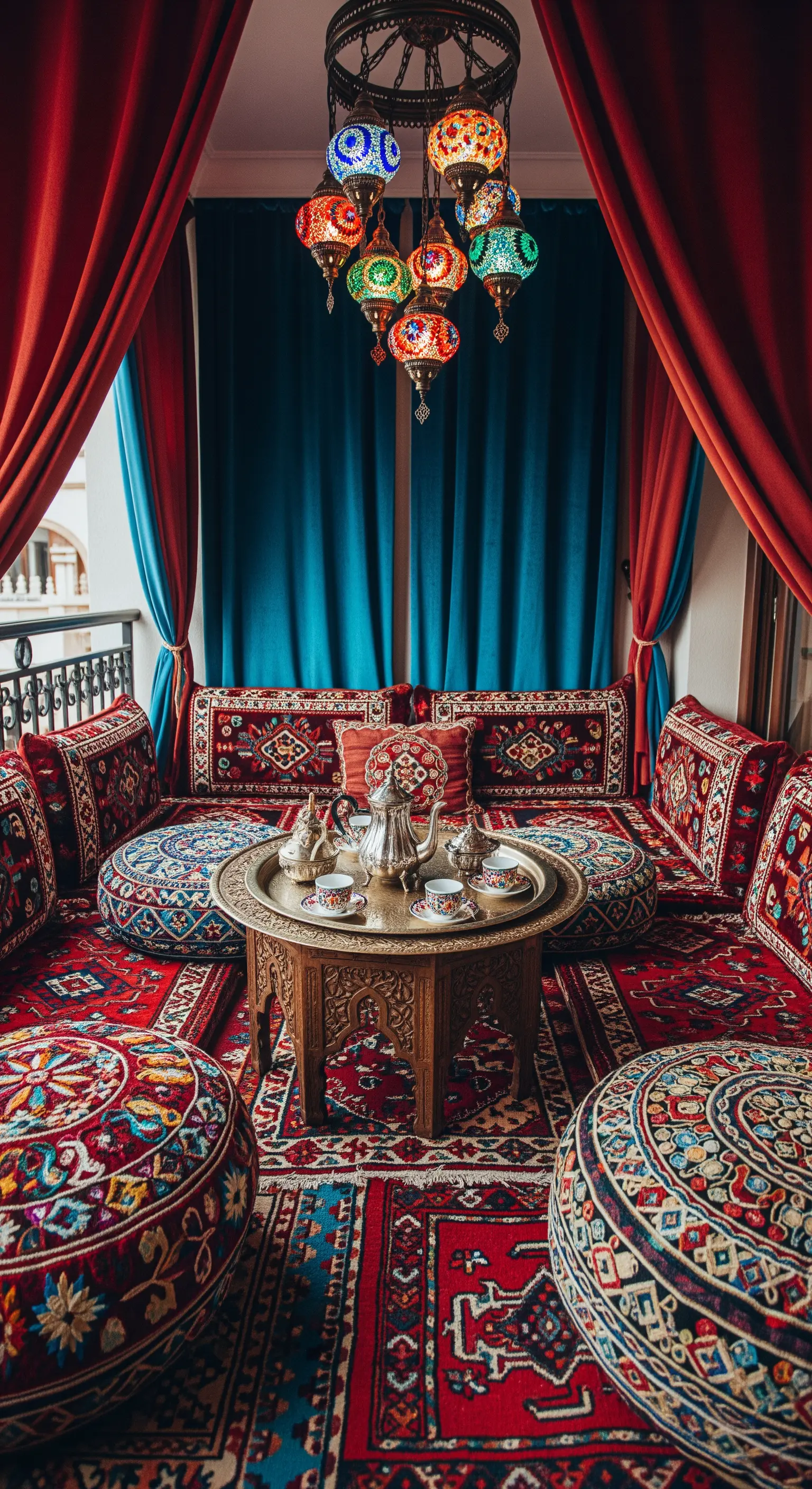 Angolo balcone allestito come una tenda araba, con tende rosse, tappeti e cuscini a terra.
