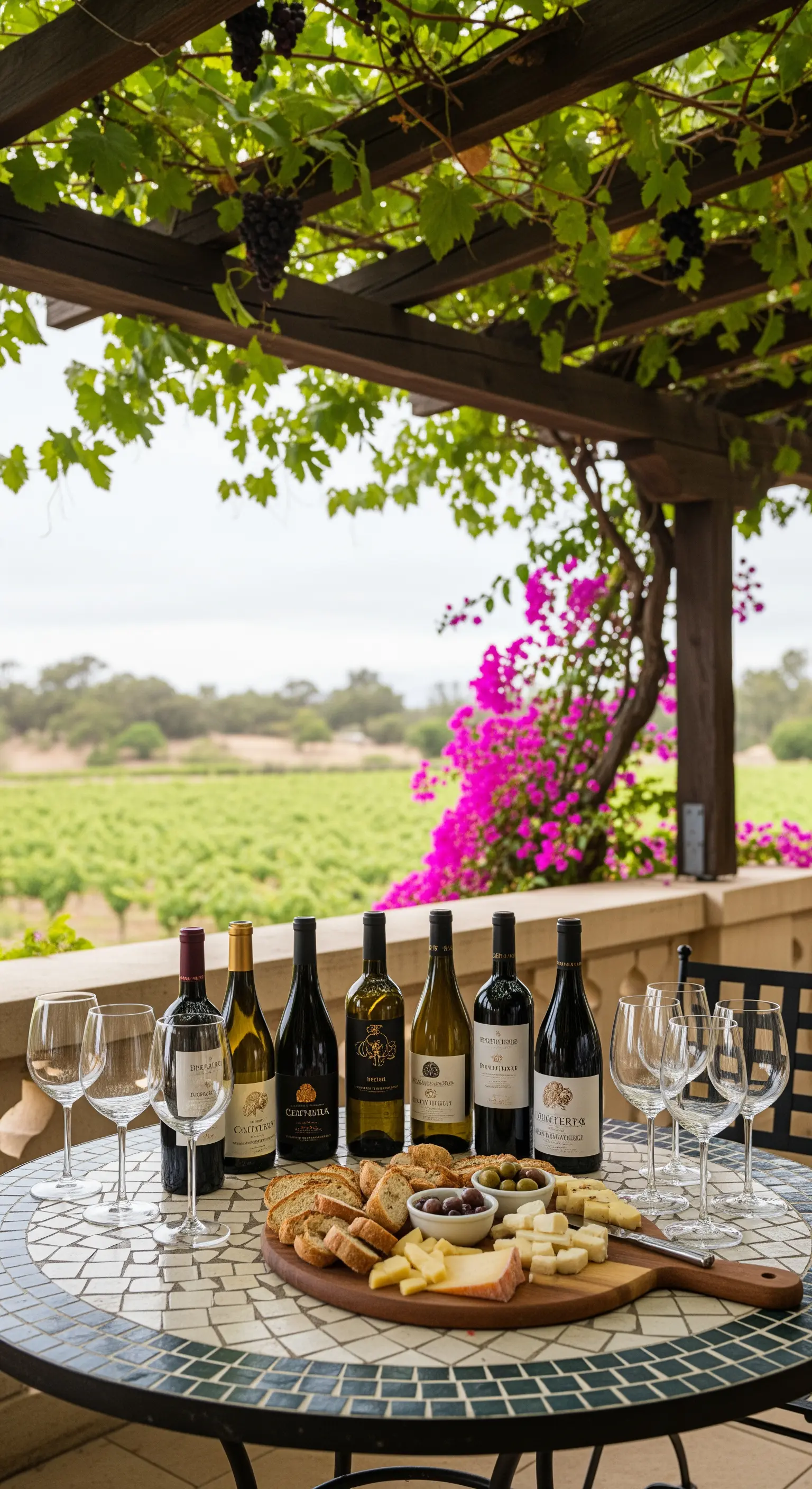 Tavolo in mosaico allestito per una degustazione di vini e formaggi con vista su un vigneto