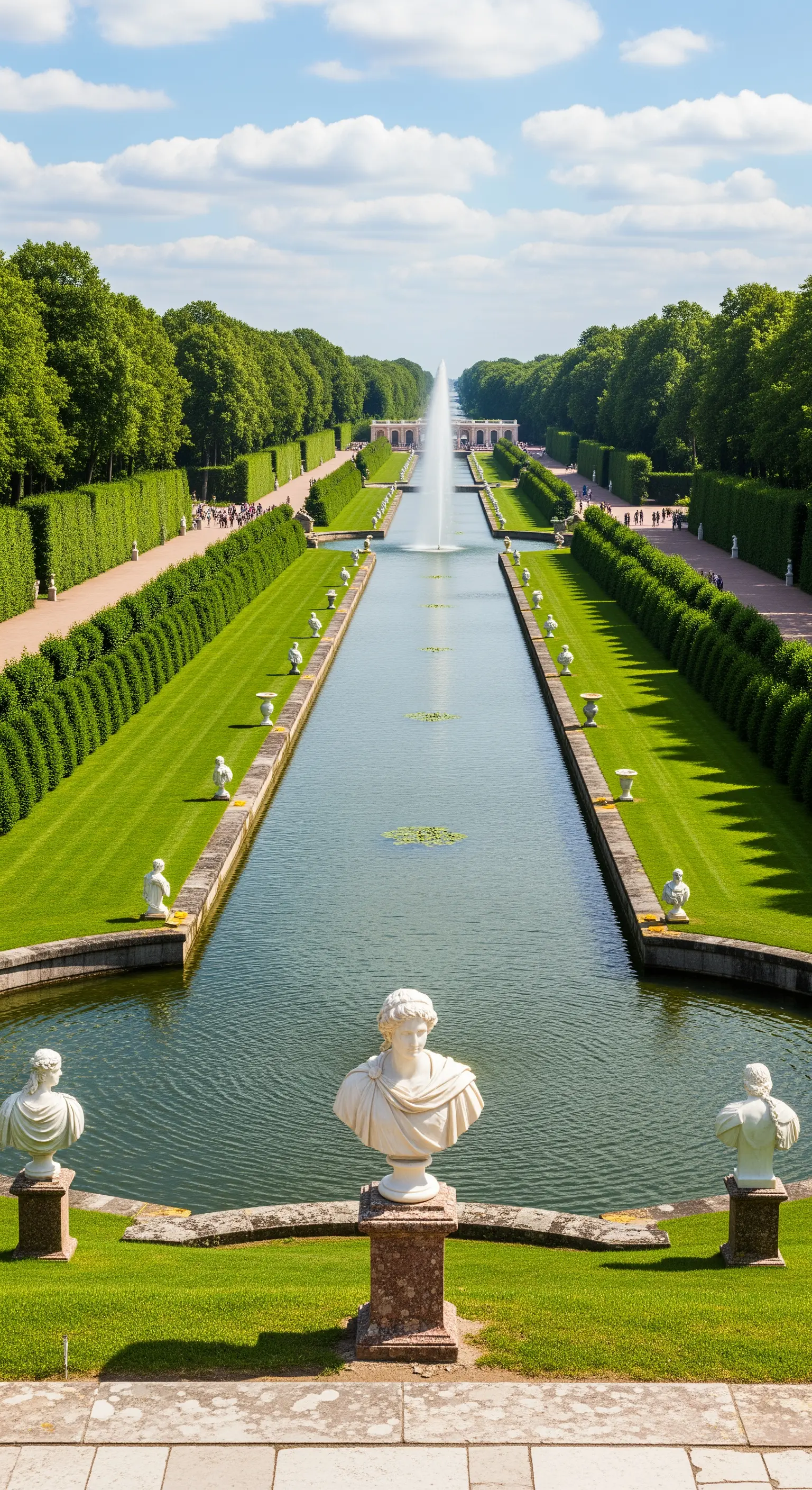 Lungo canale d'acqua in un parco formale, fiancheggiato da statue e siepi, con una fontana in lontananza