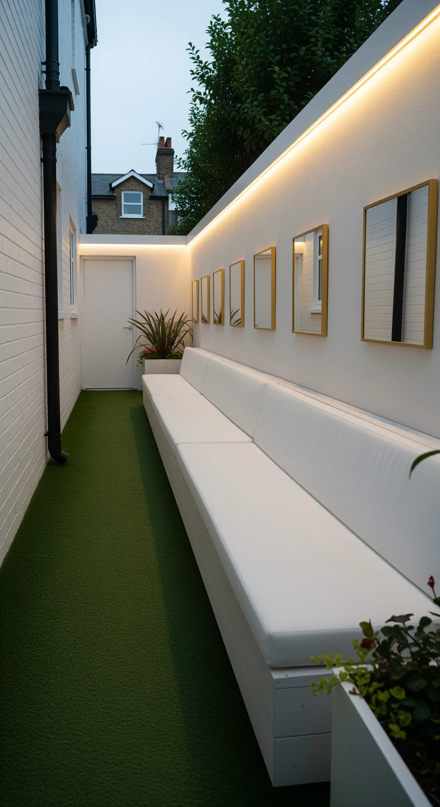 Patio stretto e lungo con una panca bianca e una fila di piccoli specchi dorati