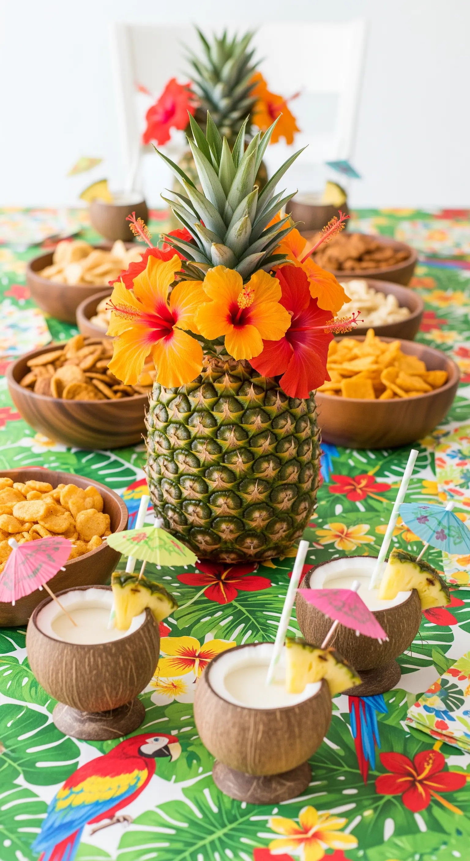 Centrotavola a forma di ananas con fiori e drink serviti in noci di cocco.