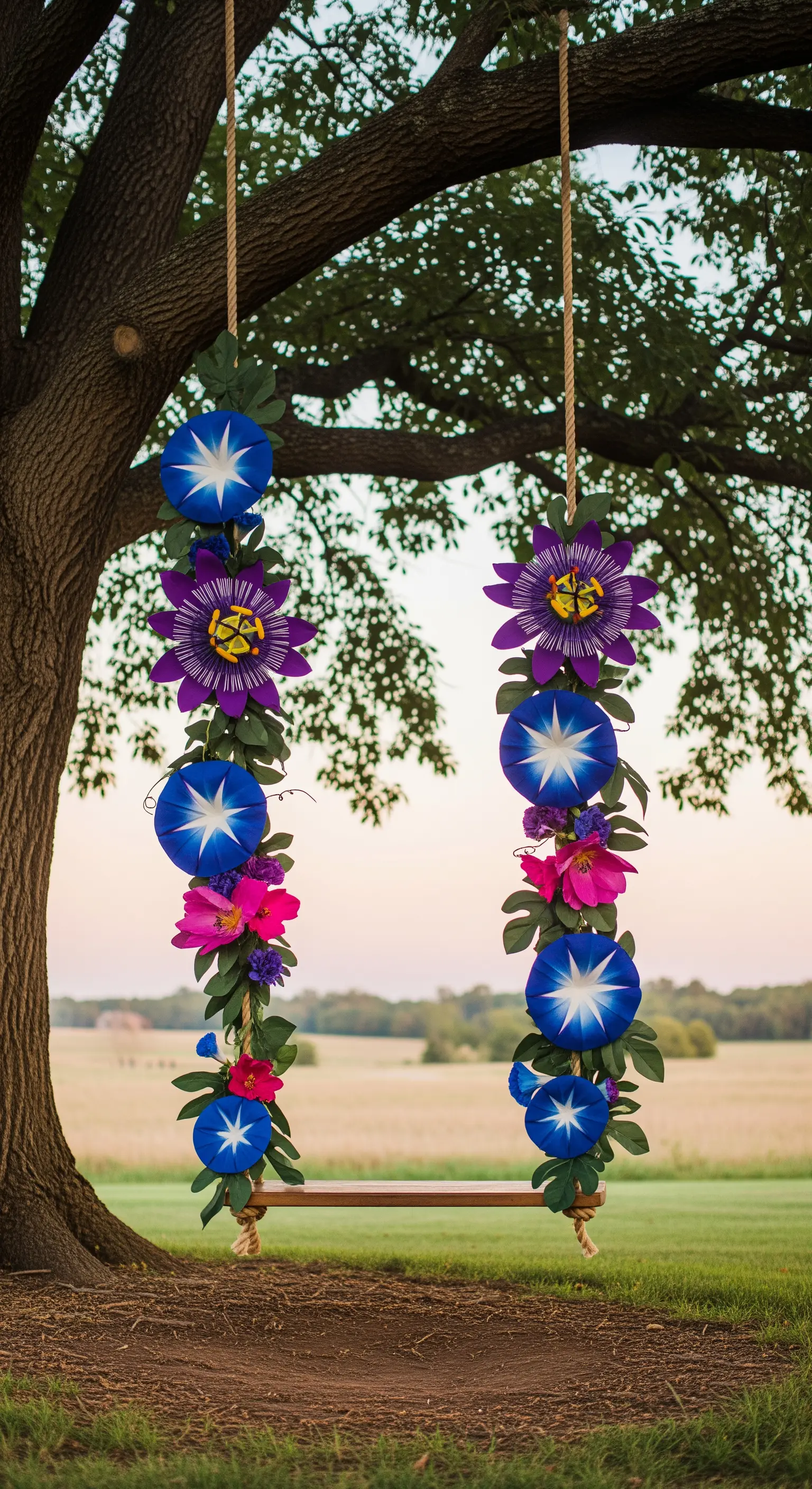 Altalena in legno appesa a un albero, con le corde decorate da fiori di carta colorati.