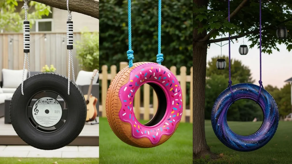 Altalene riciclate nel giardino: pneumatici colorati e corde vivaci pendono dagli alberi, mostrando progetti fai da te creativi.