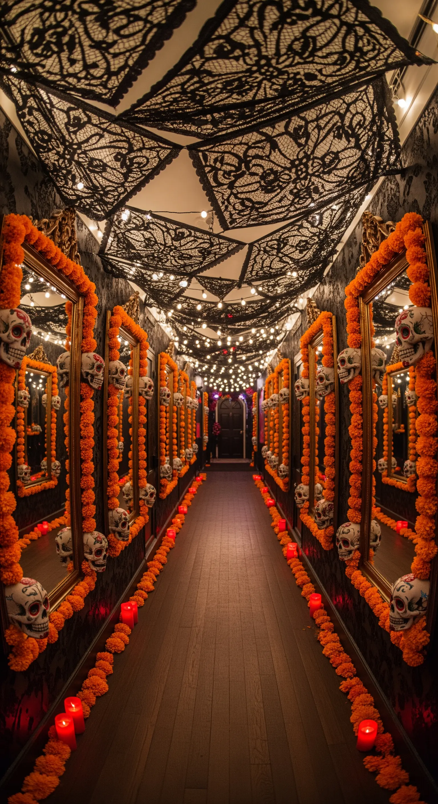 Corridoio a tema Giorno dei Morti con fiori arancioni e teschi.
