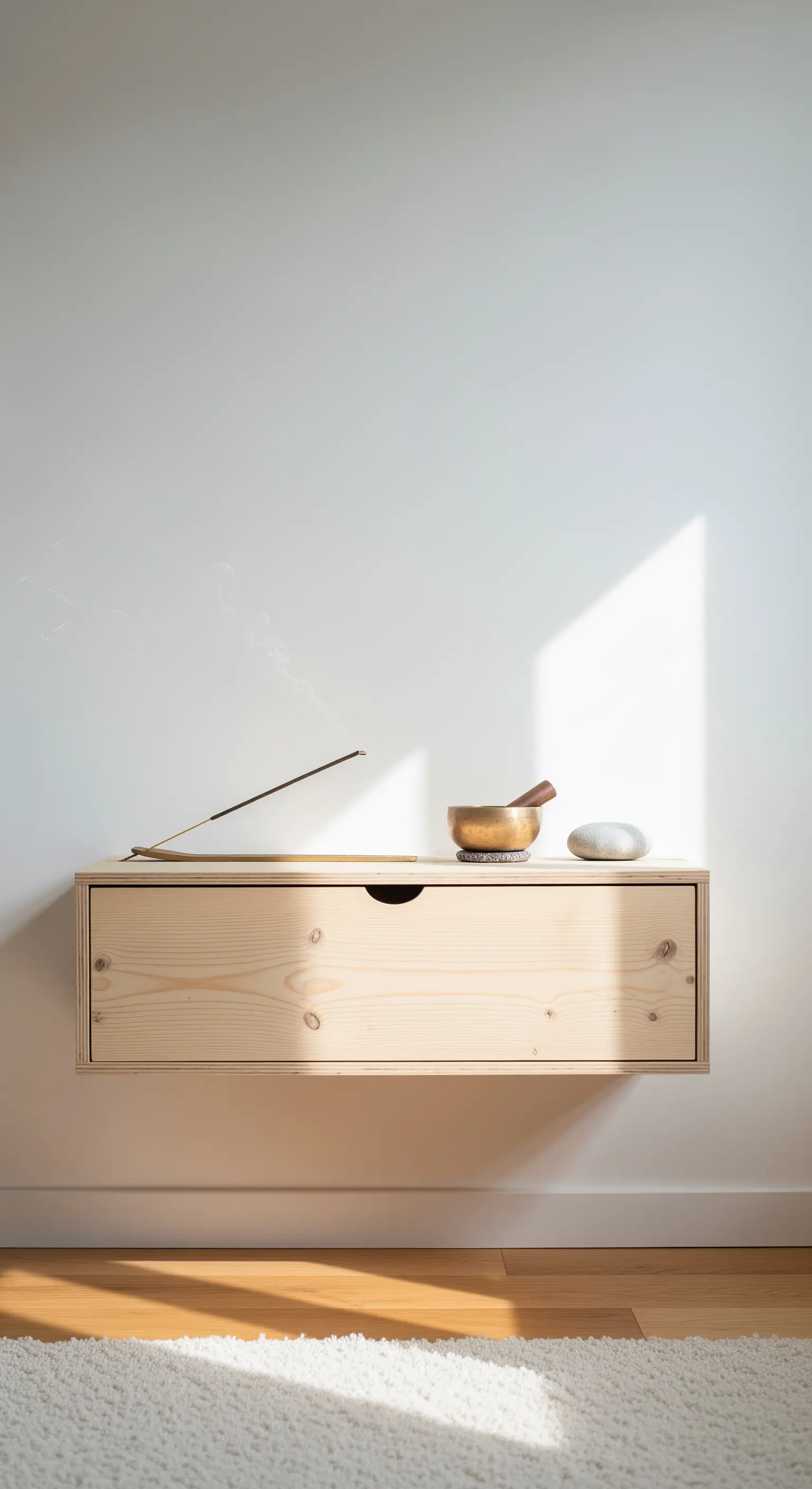 Mensola-cassetto in legno di pino chiaro con sopra un bastoncino d'incenso acceso e una campana tibetana.