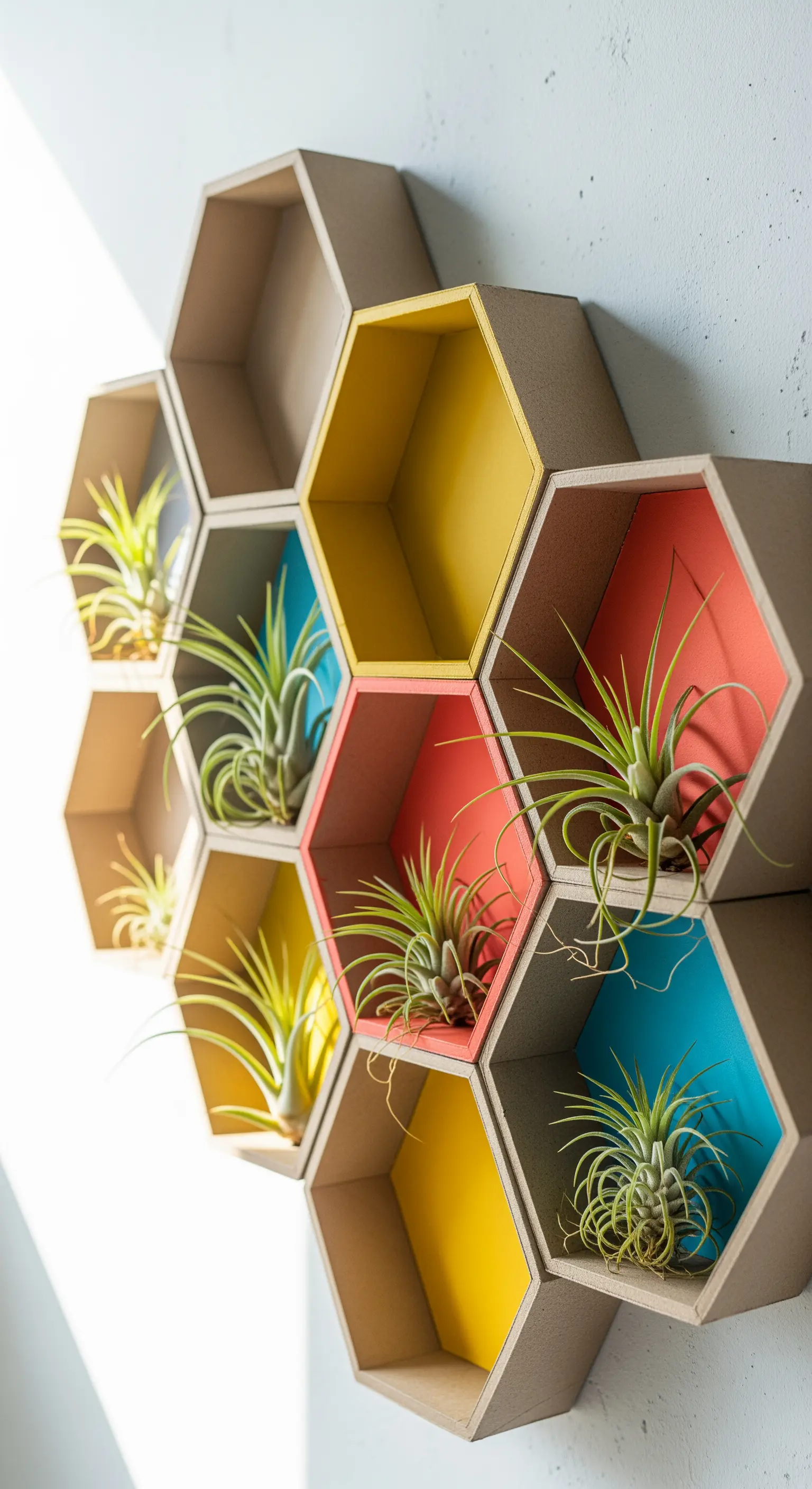 Mensole esagonali in cartone con interni colorati che ospitano piccole piante aeree.