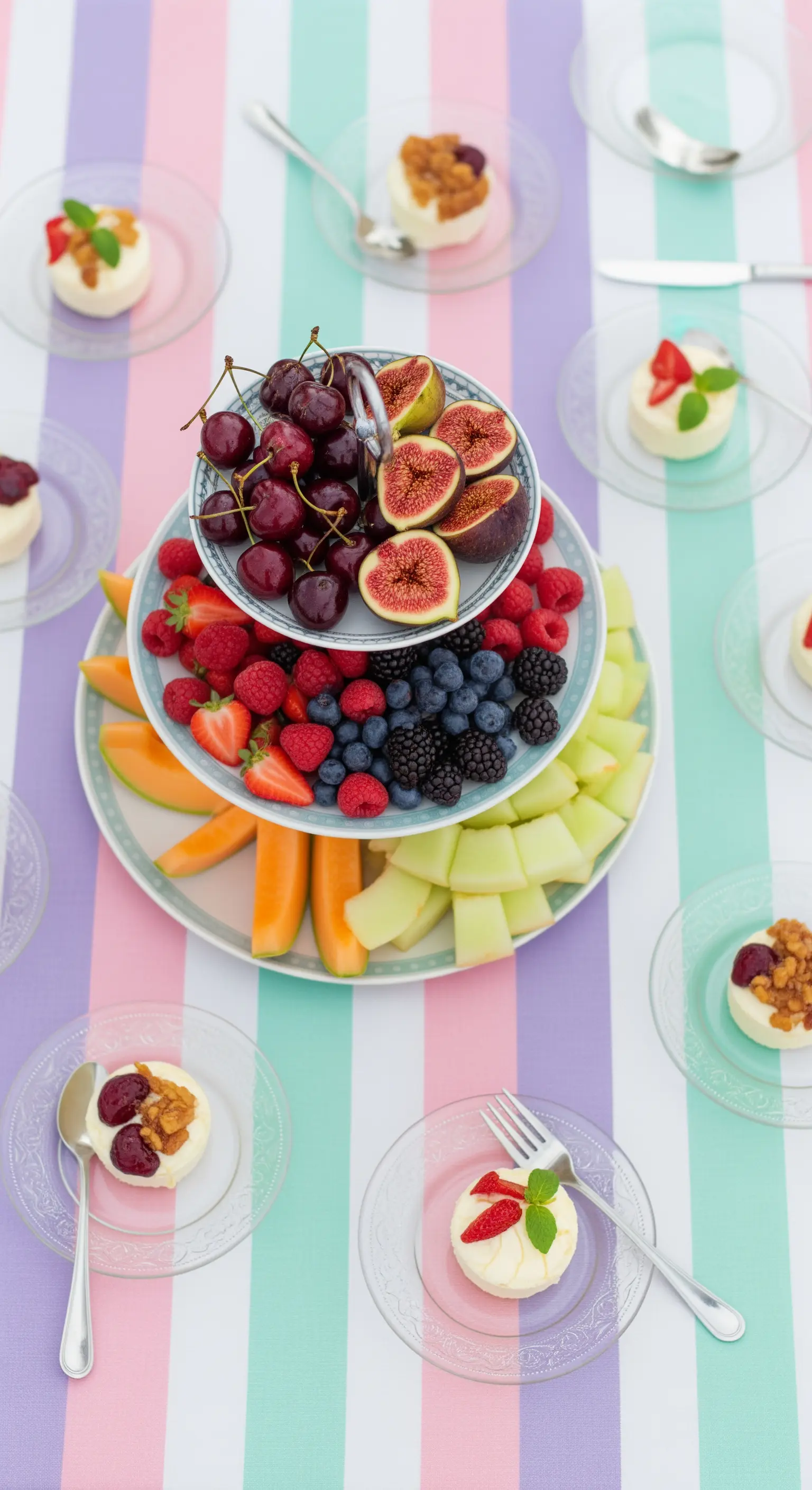Alzata a più piani con frutta fresca e dessert monoporzione su tovaglia a righe pastello.