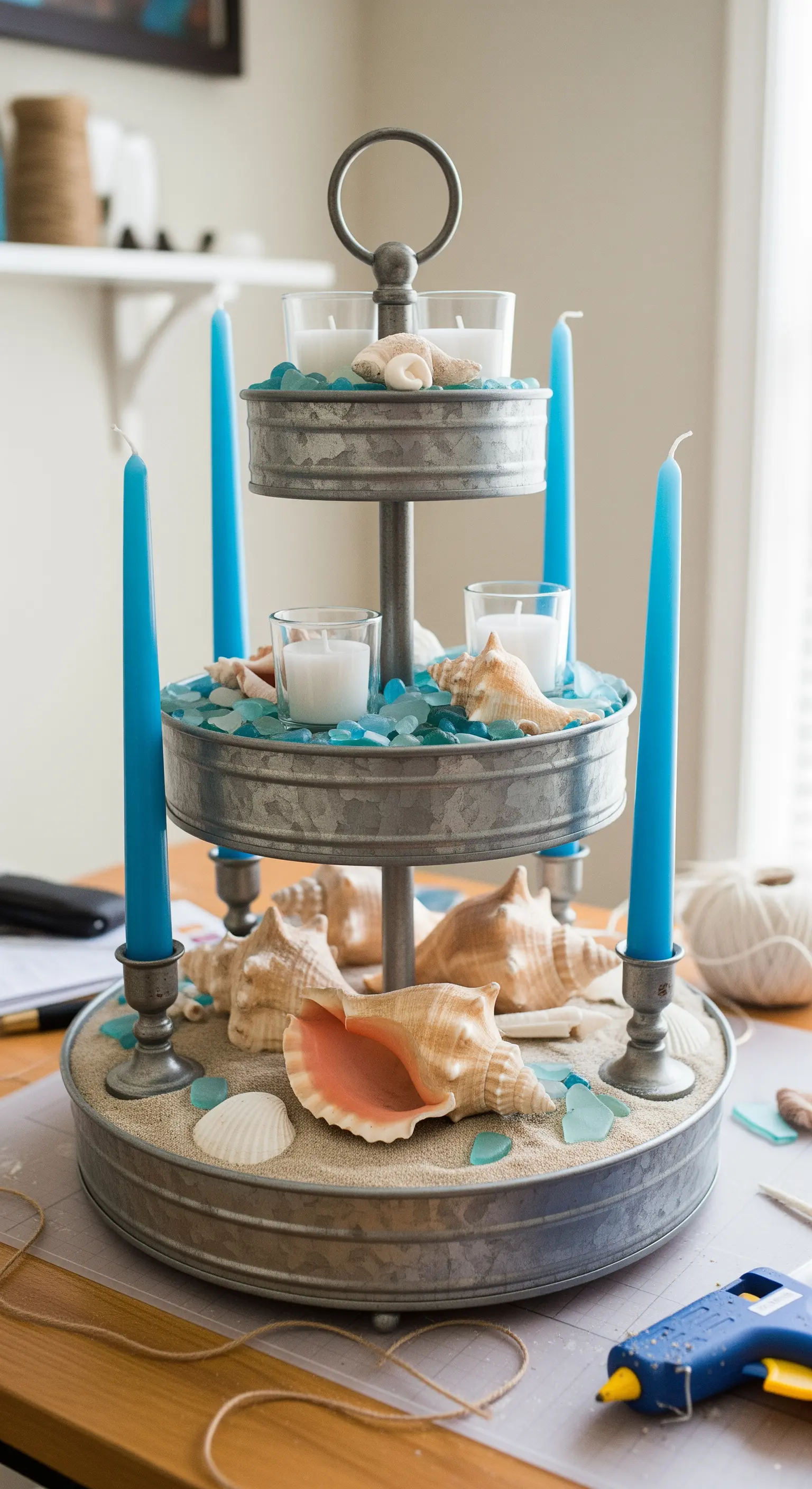 Centrotavola a tre piani in metallo zincato con candele, conchiglie, sabbia e vetro di mare.