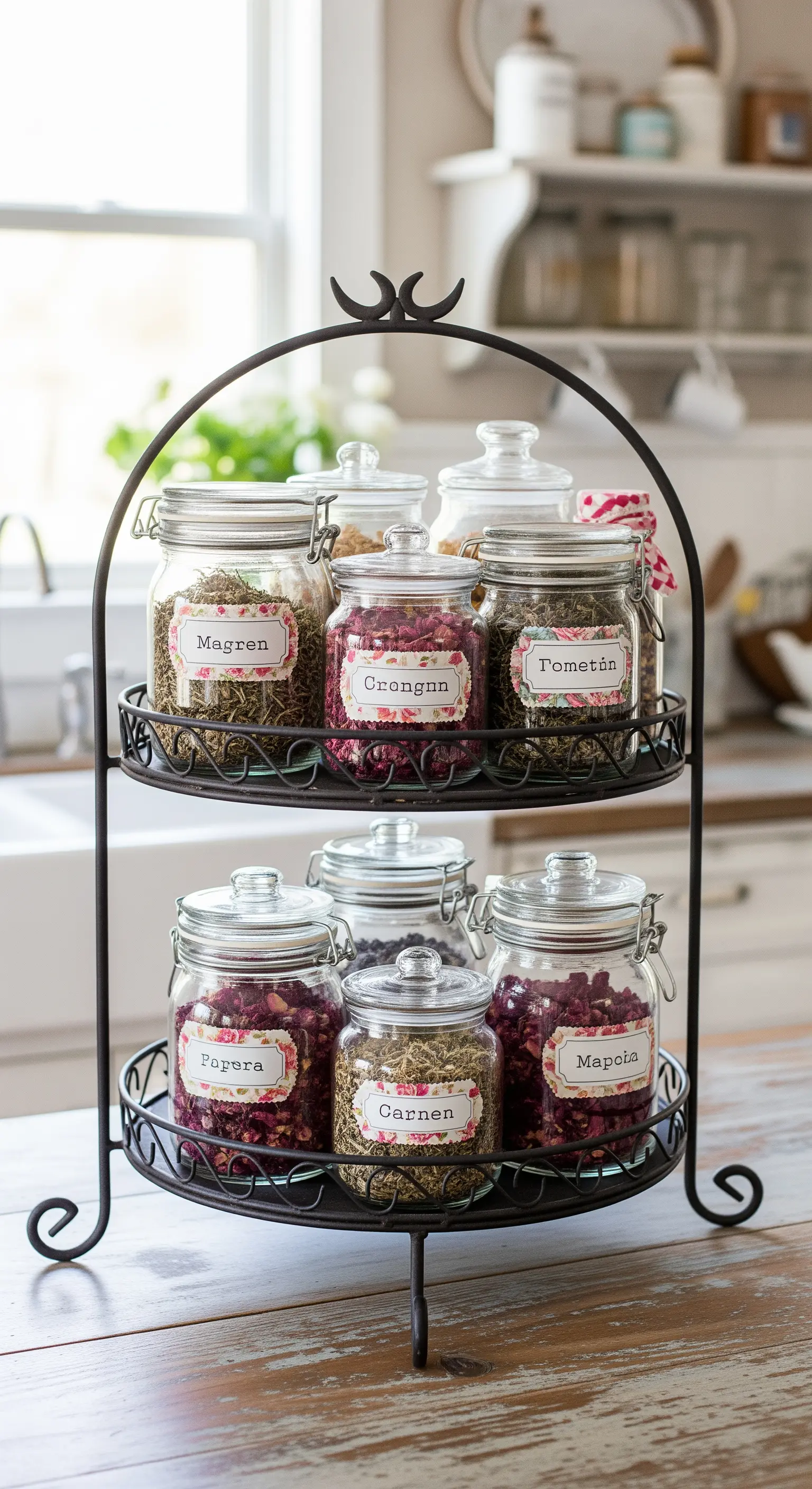 Alzatina in ferro battuto a due piani con barattoli di vetro per erbe e fiori.