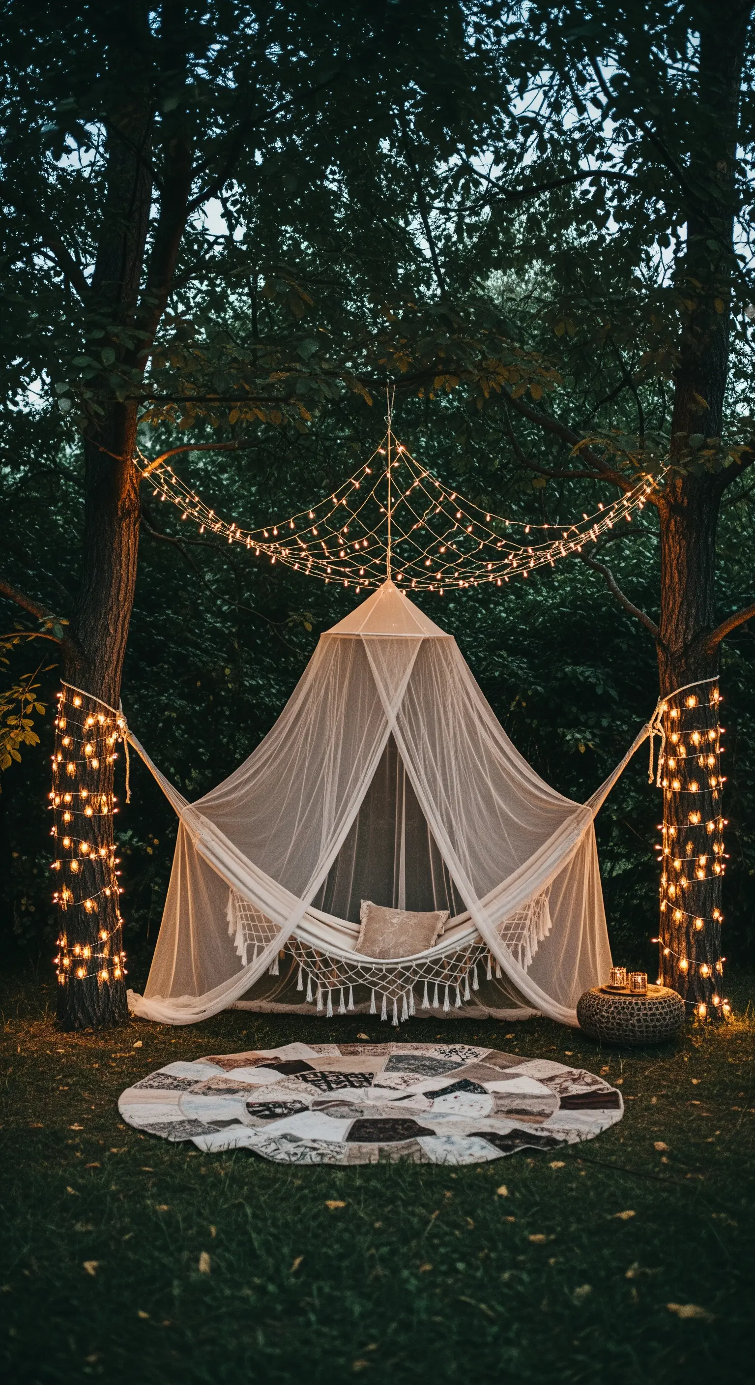 Amaca con zanzariera tra due alberi illuminati da lucine, in un'atmosfera da favola.