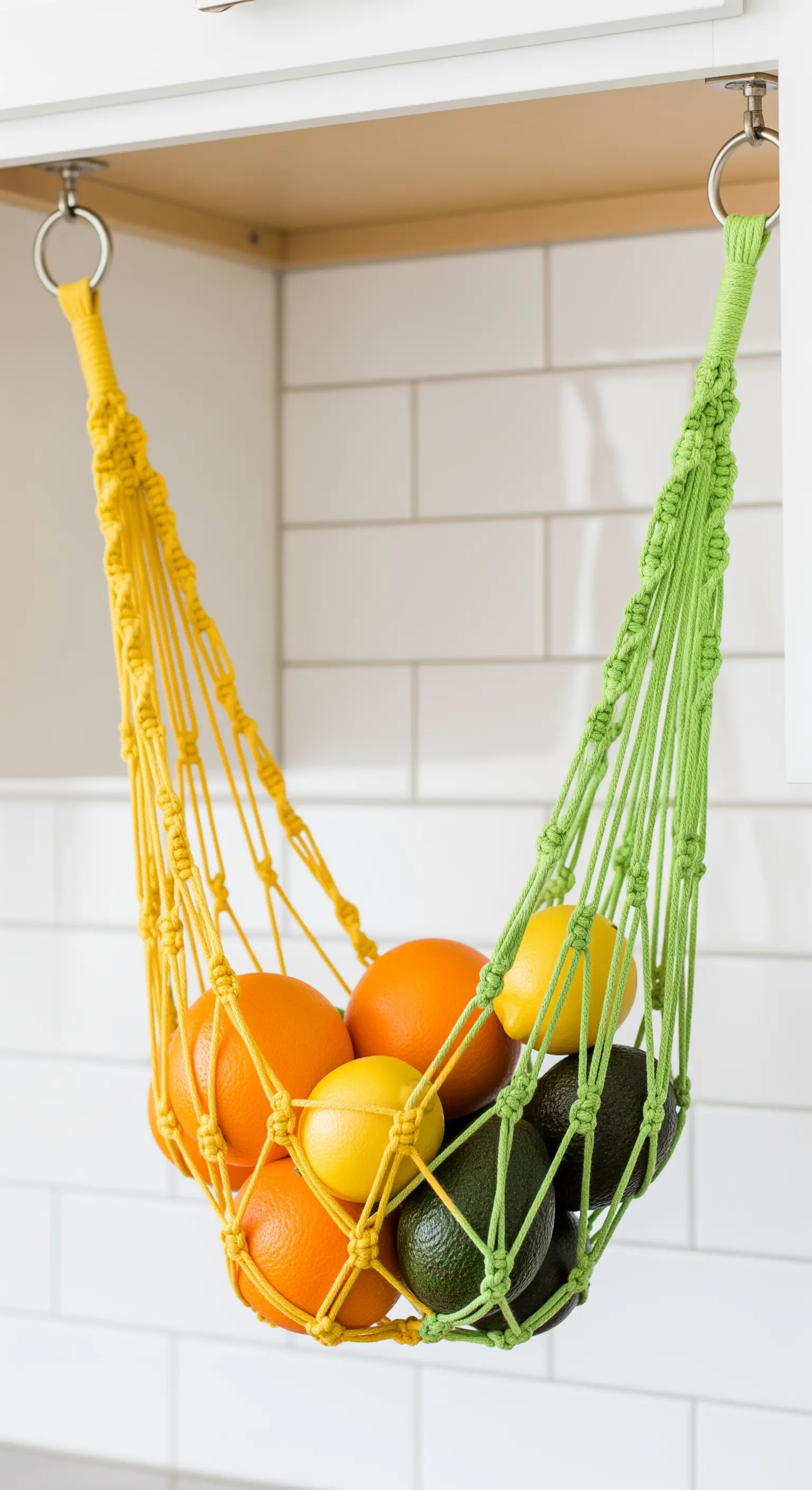 Amaca in macramè bicolore, gialla e verde, appesa sotto un pensile e piena di agrumi e avocado.