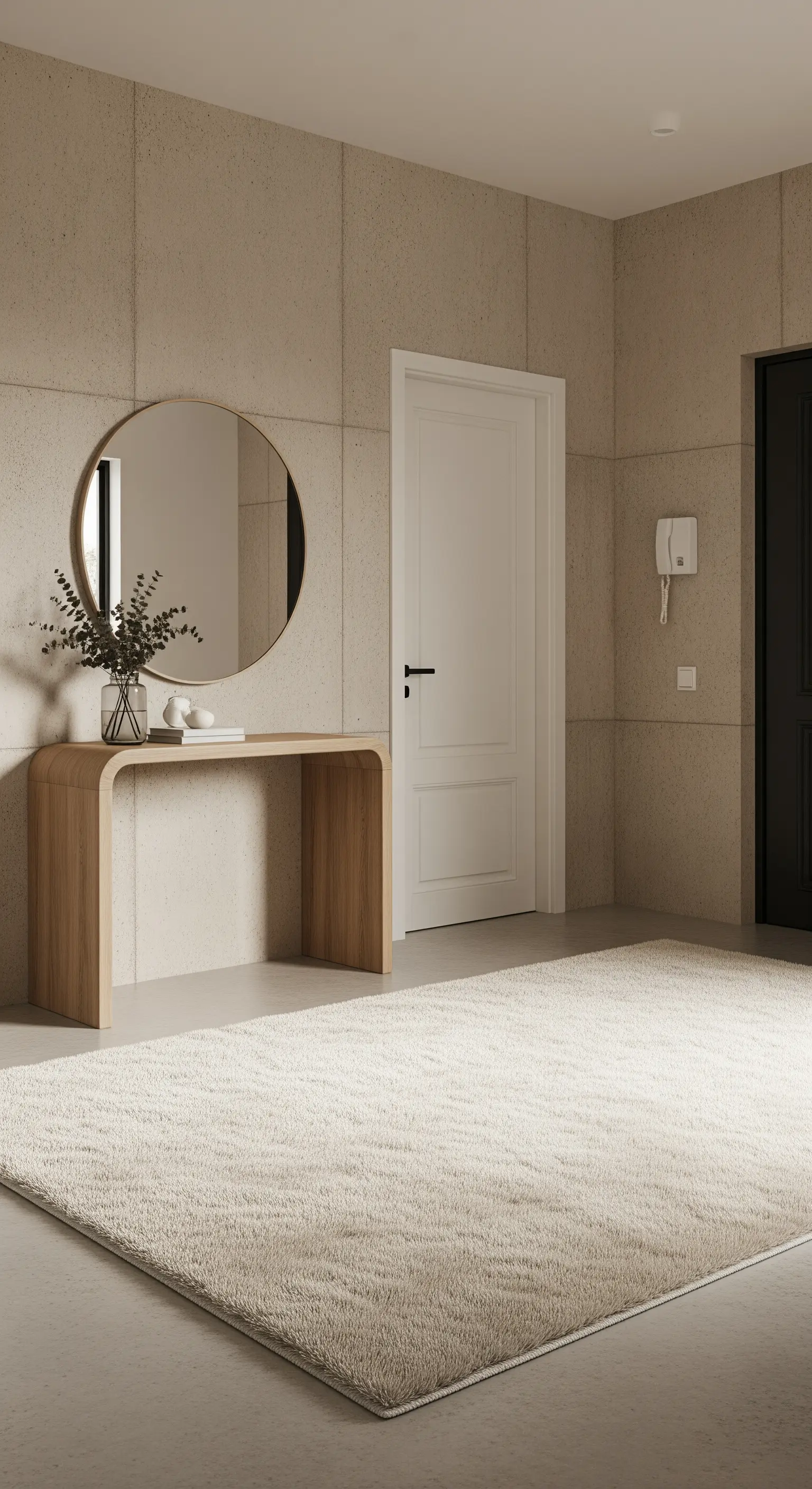 Ingresso con parete in pannelli di cemento, consolle curva in legno e specchio rotondo.