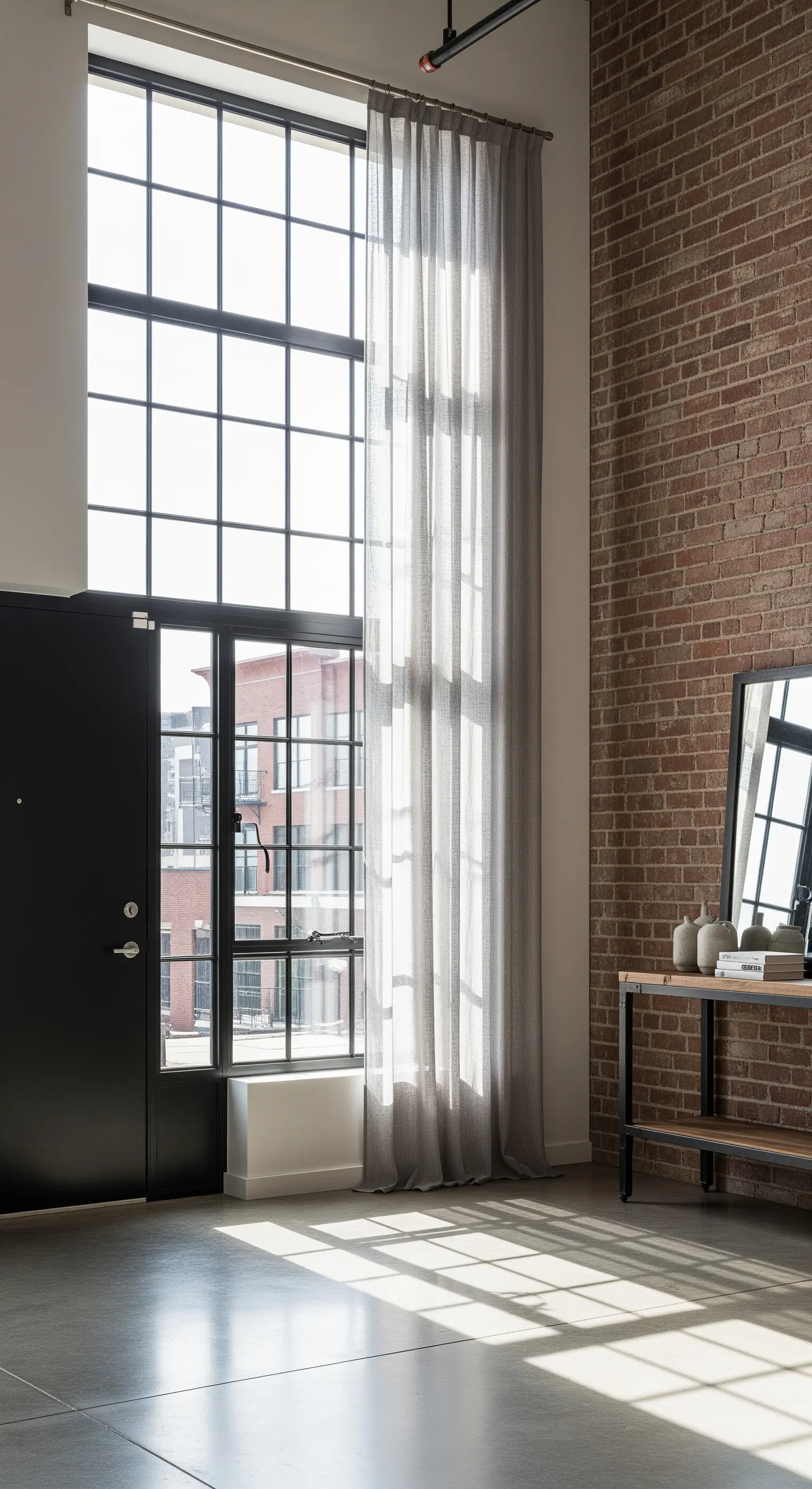 Ingresso in stile industrial con parete in mattoni, pavimento in cemento e tenda grigia leggera.