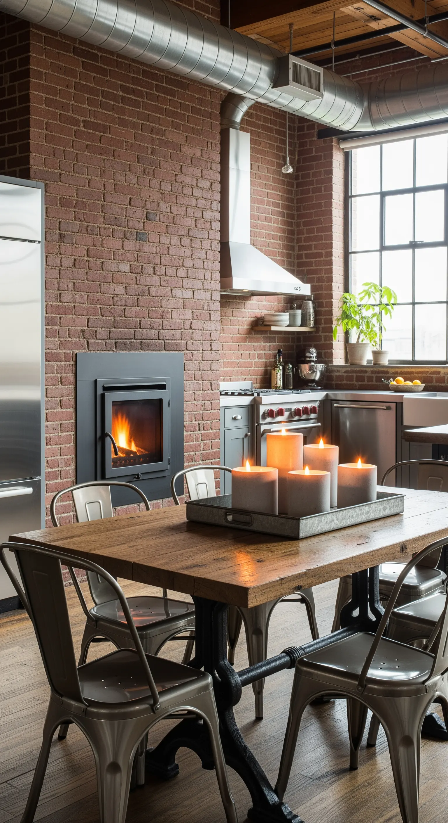 Cucina in stile industriale con parete di mattoni, tavolo in legno e sedie in metallo.