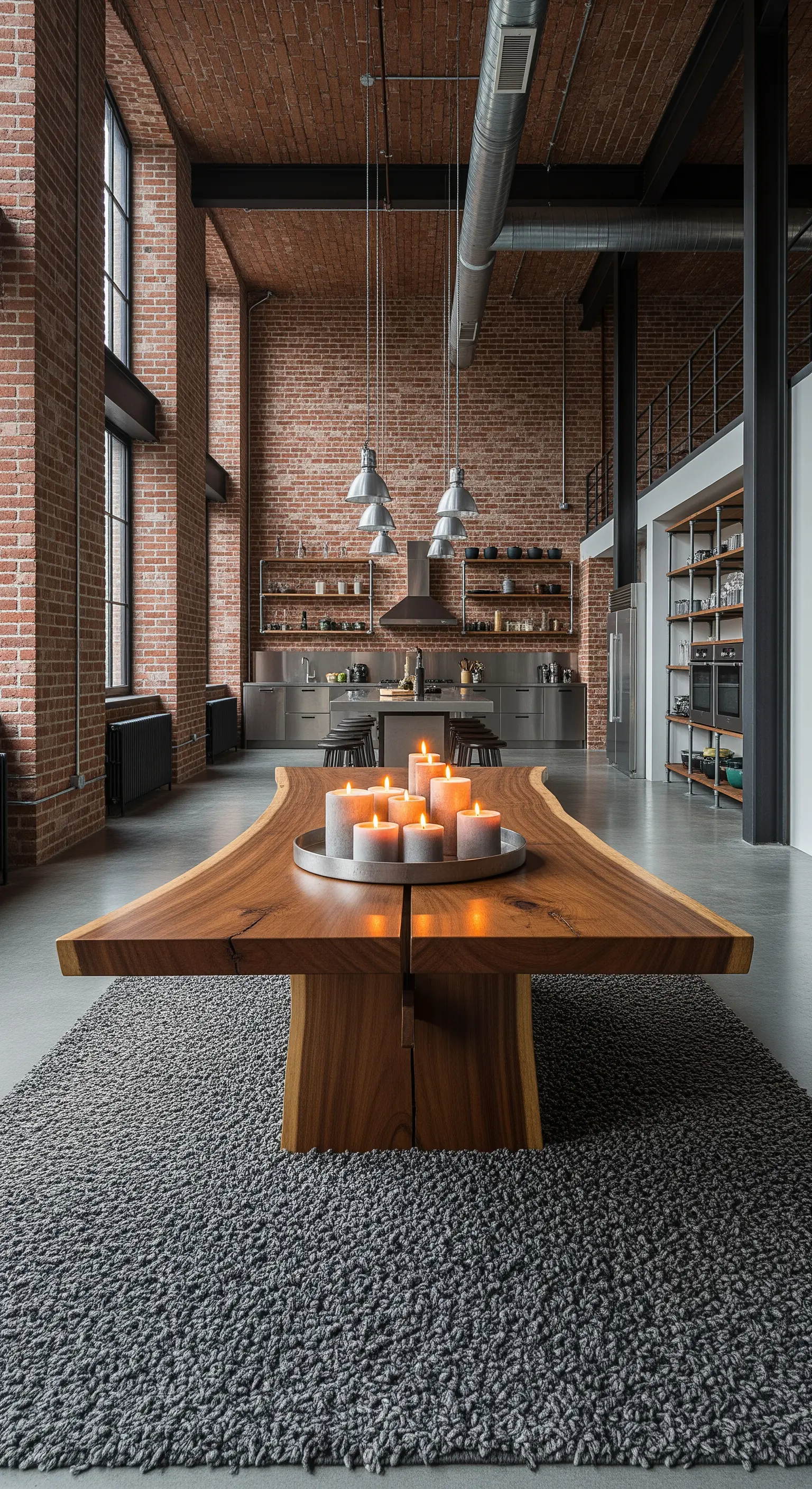 Tappeto scuro a pelo lungo in una cucina industrial con pareti in mattoni e tavolo in legno massello.