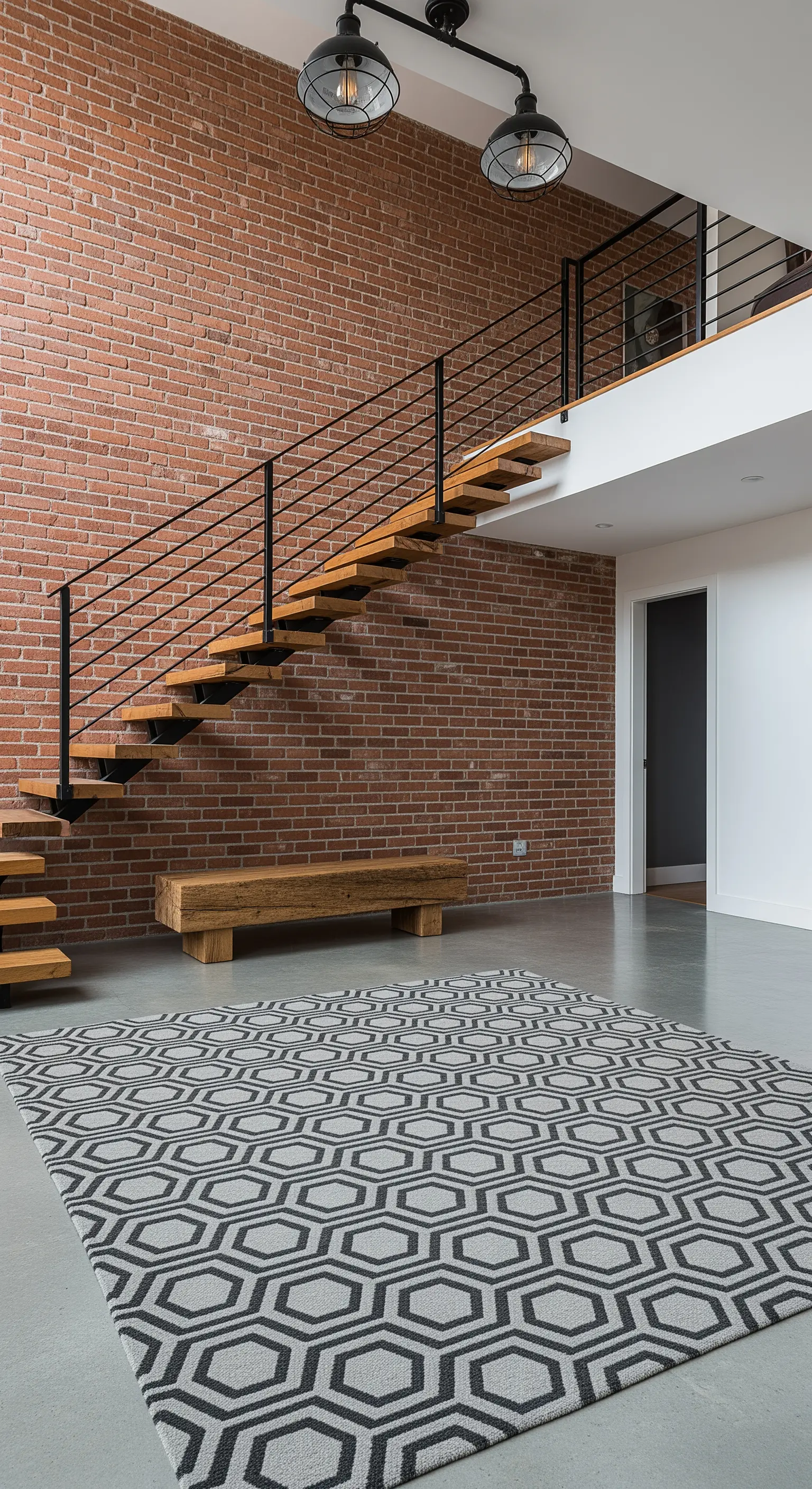 Spazio industriale con scala in legno e metallo, parete in mattoni e tappeto a esagoni.