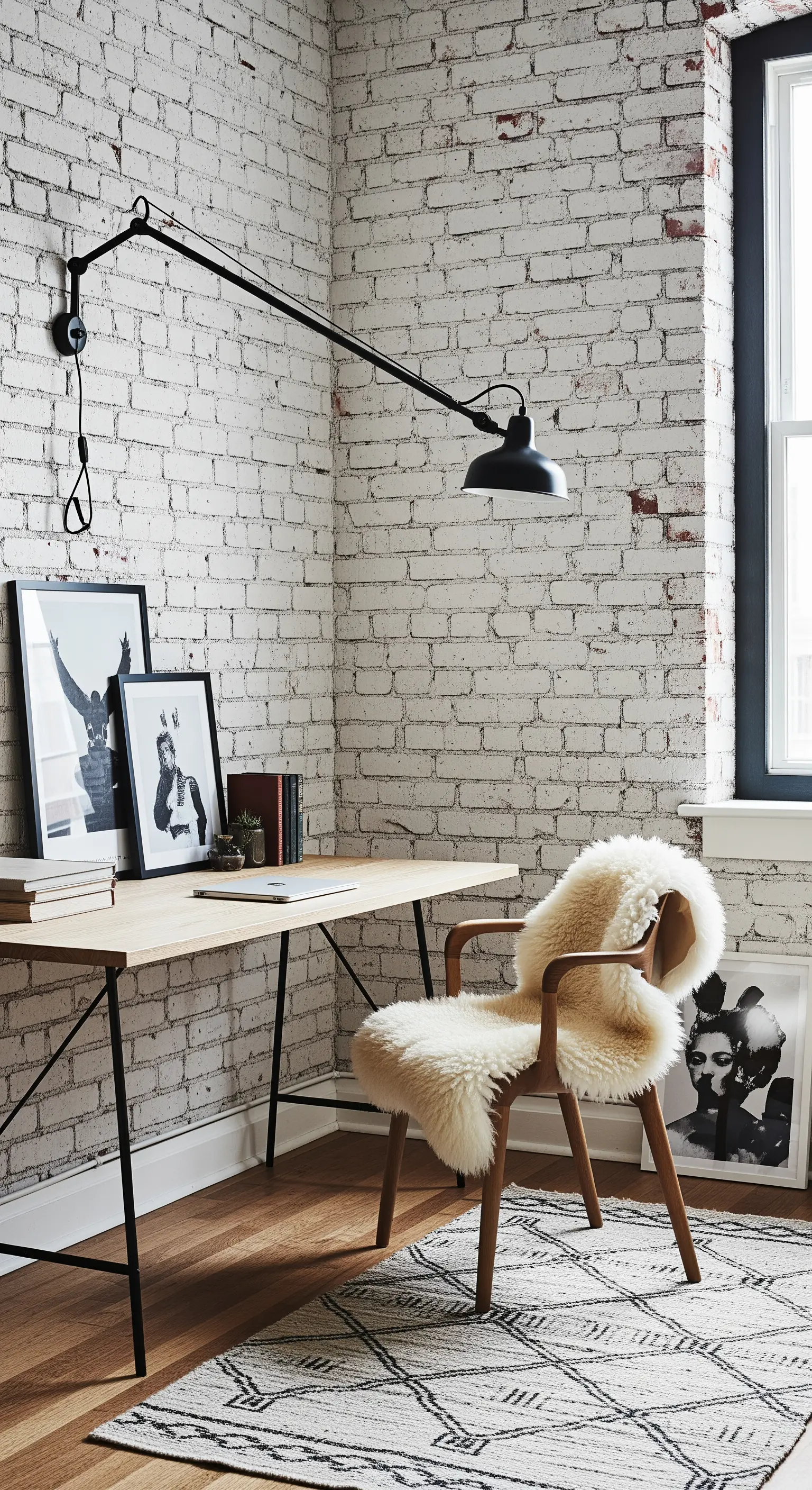 Angolo studio con sedia in legno coperta da una pelle di pecora e lampada a parete.