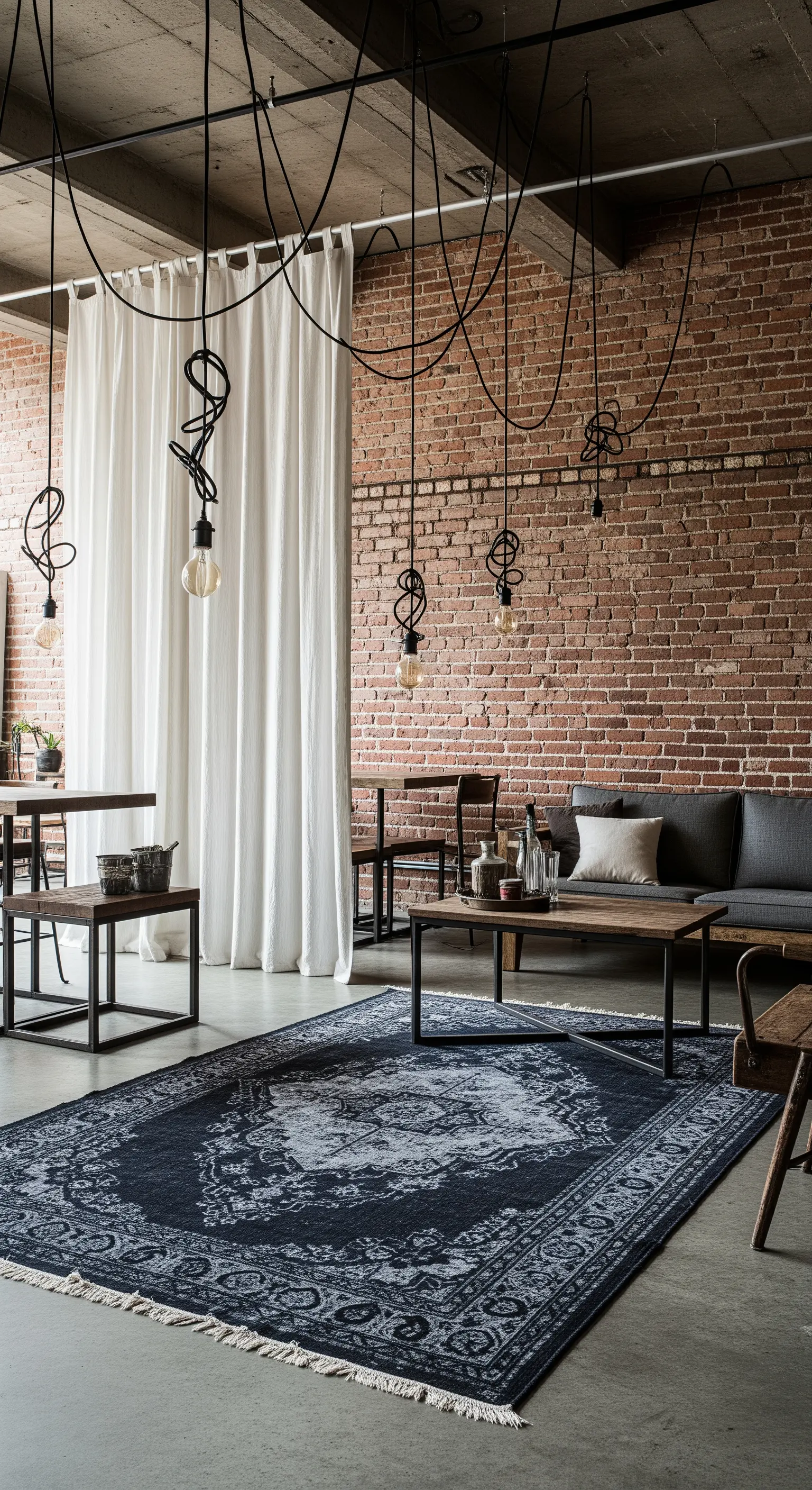 Loft industriale con parete in mattoni, tenda bianca e un grande tappeto scuro.