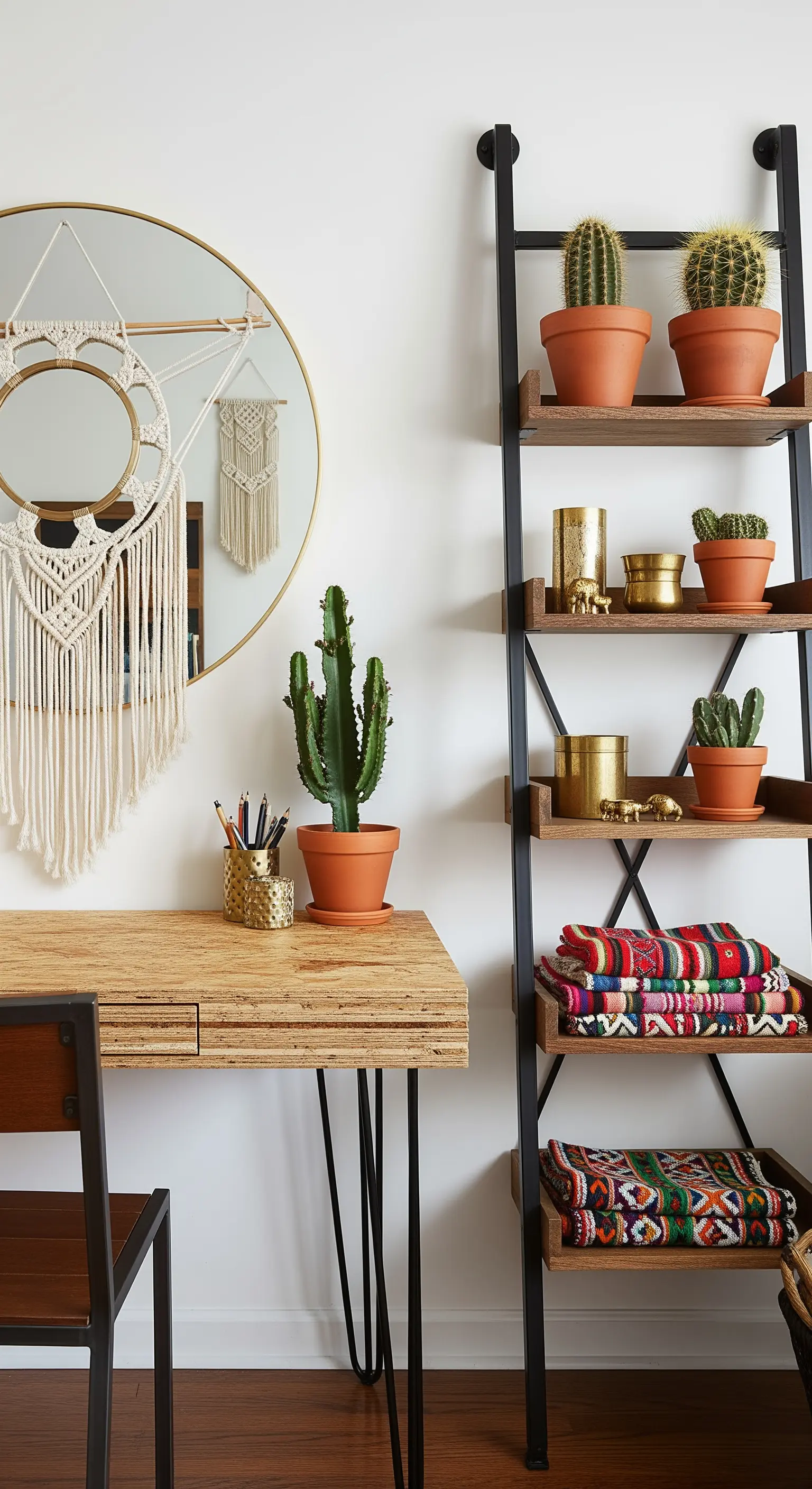 Angolo studio con scrivania e libreria industriale, decorato con specchio macramè e piante grasse.