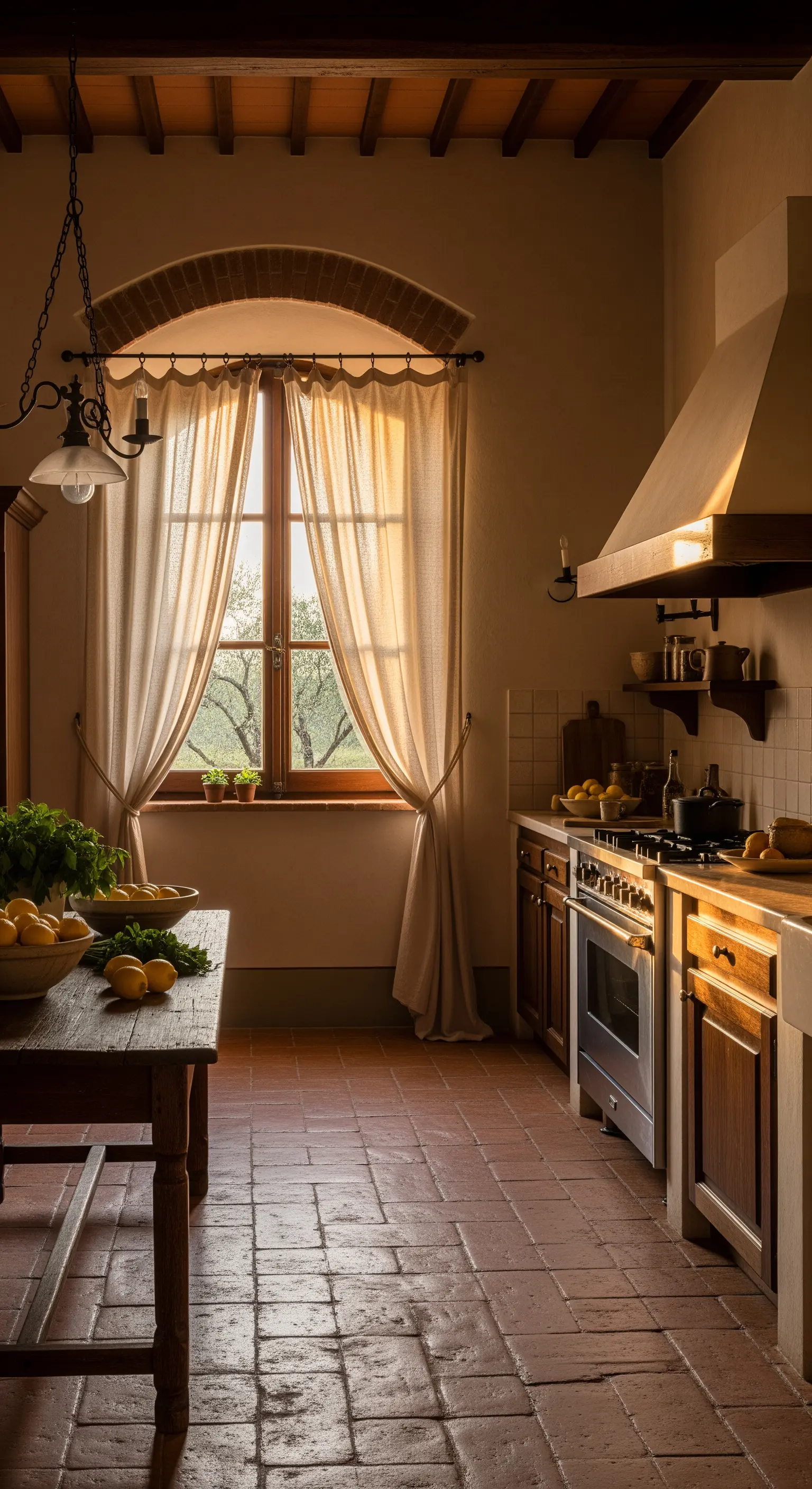 Cucina rustica con finestra ad arco, tende in lino e pavimento in cotto.