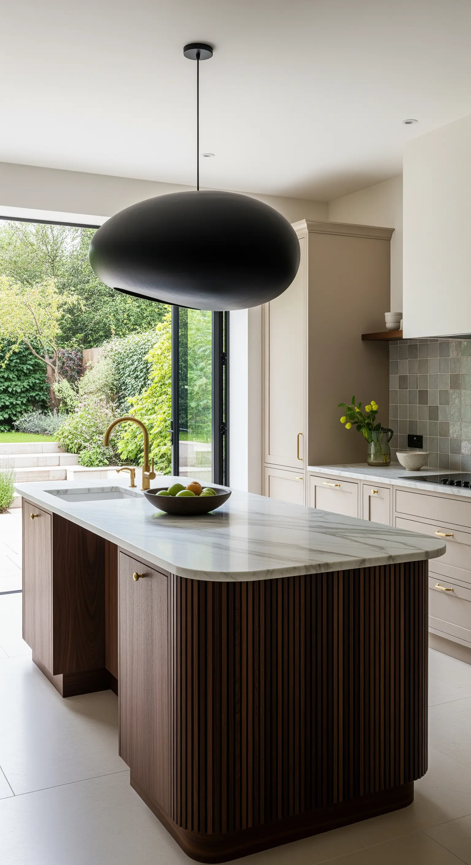 Isola cucina con base in legno a listelli e angoli curvi, sotto una lampada nera ovale.