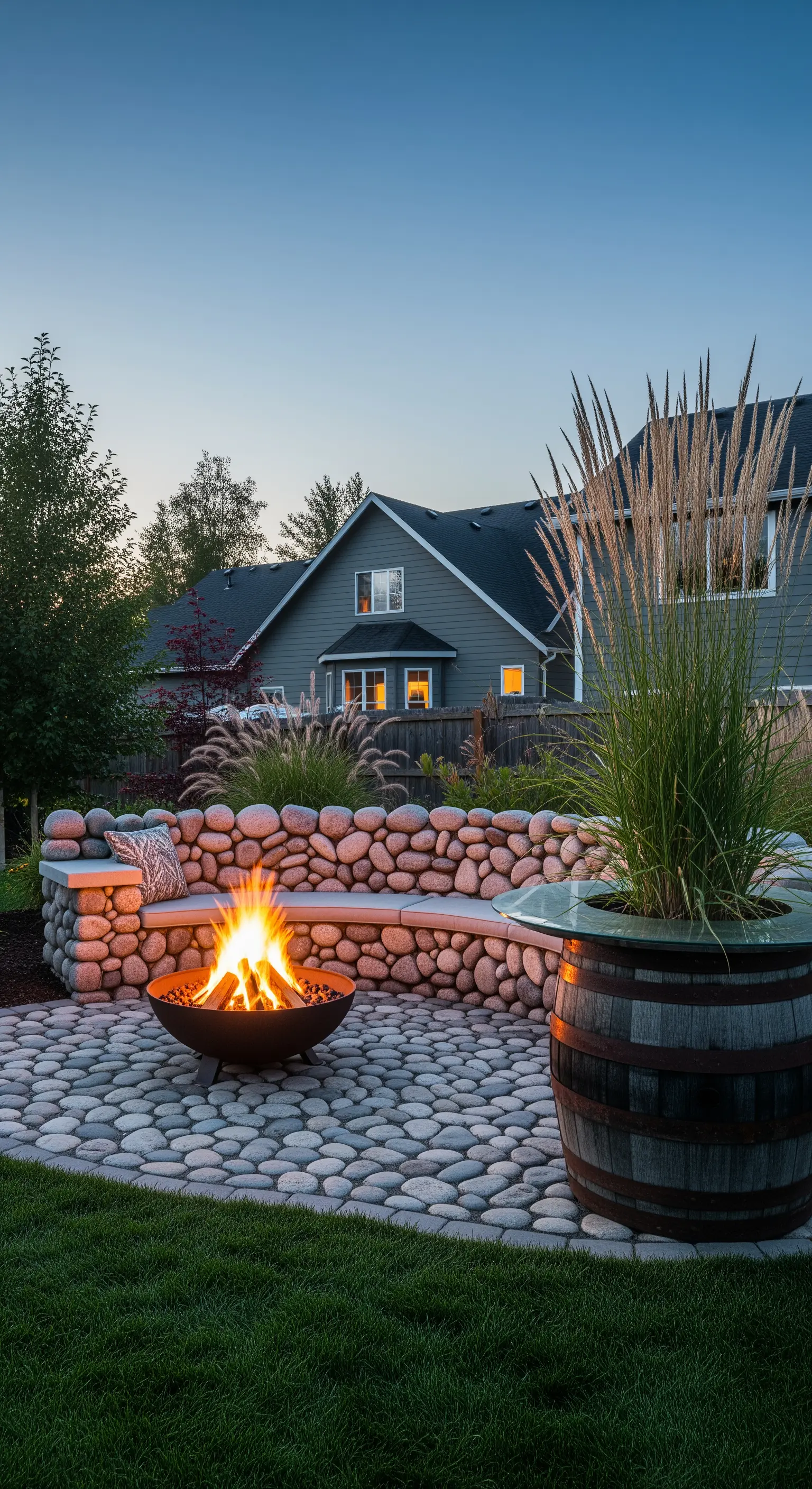 Braciere acceso davanti a una panca in pietra, con una grande botte colma di erbe ornamentali.