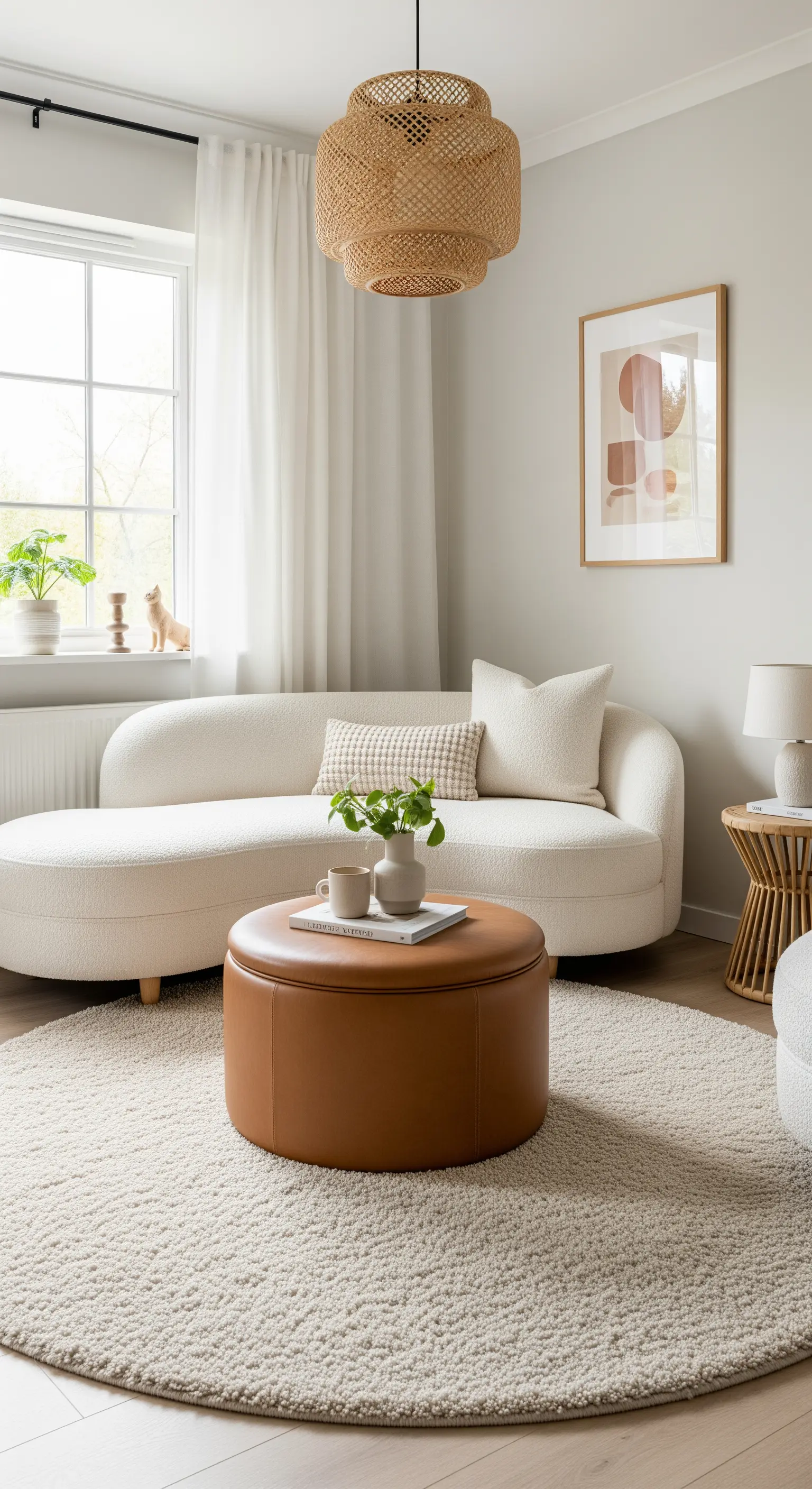 Salotto con chaise longue curva color crema e un grande pouf rotondo in pelle come tavolino