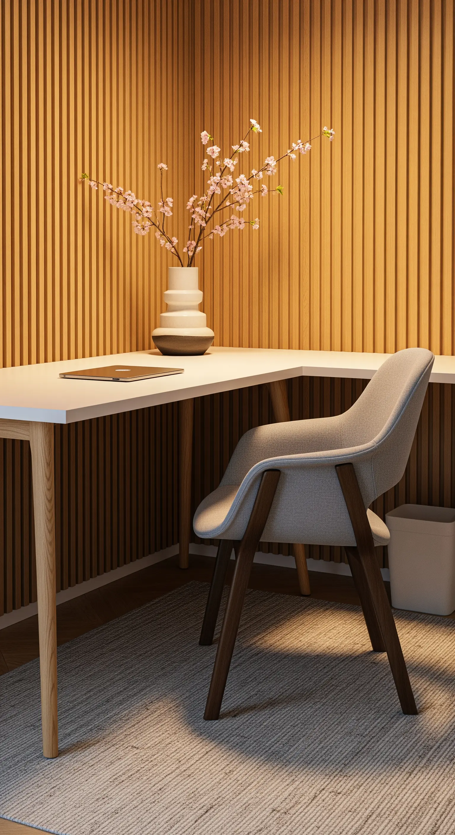 Scrivania angolare bianca con sedia in tessuto e parete rivestita in legno a listelli.