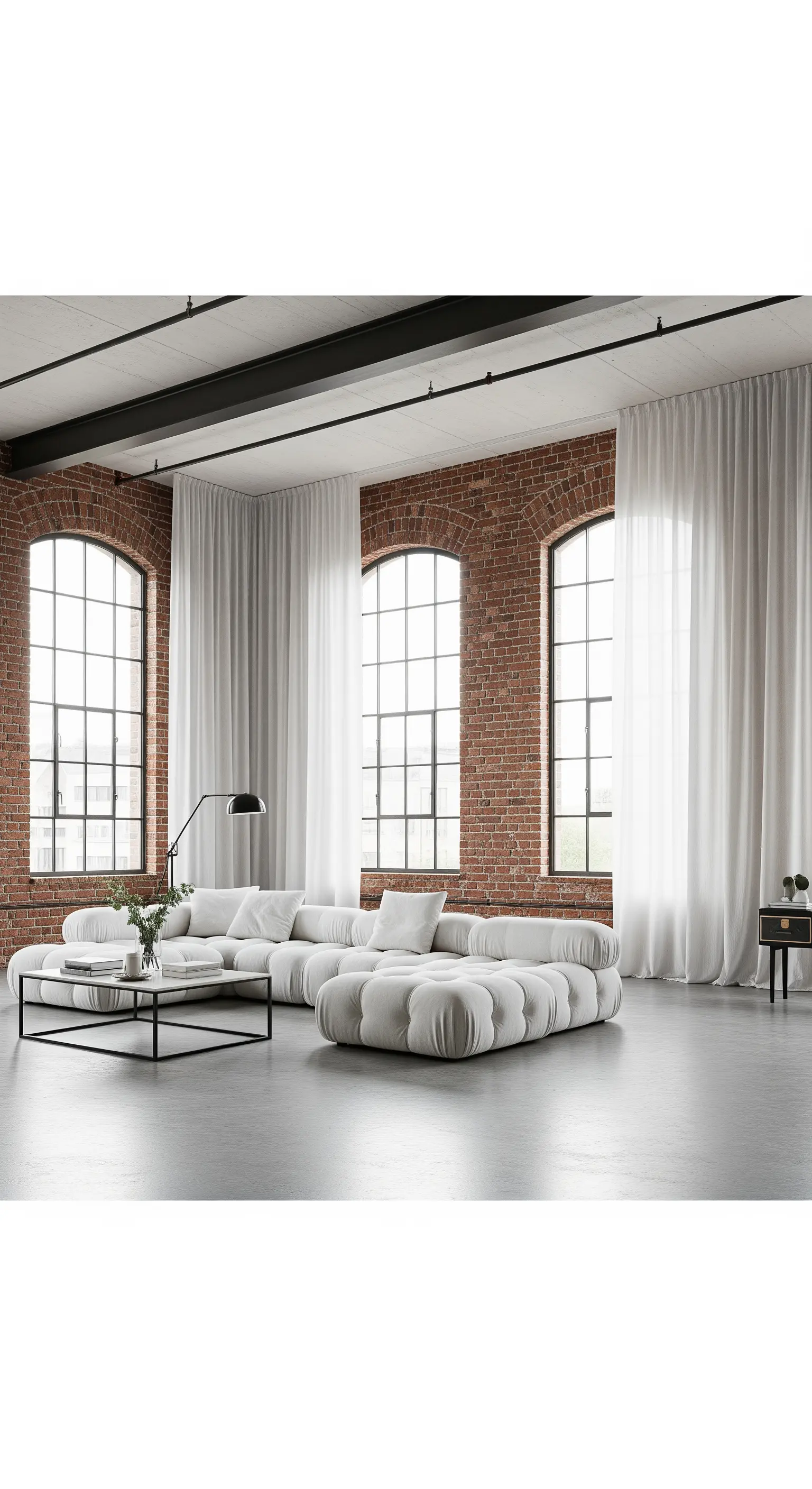 Loft industriale con pareti in mattoni, ammorbidito da un grande divano bianco e tende a tutta altezza.