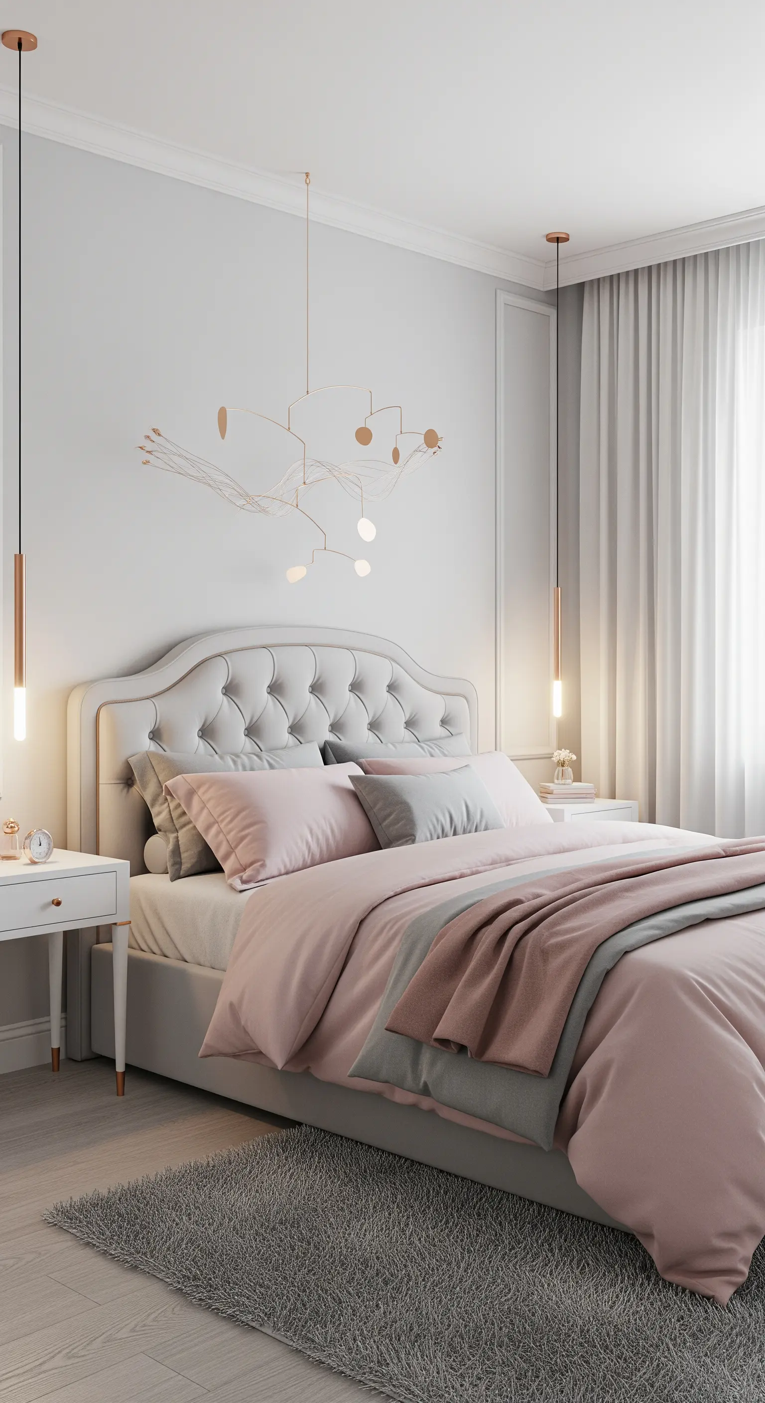 Camera da letto romantica con pareti grigie, biancheria rosa e lampade a sospensione in oro rosa.