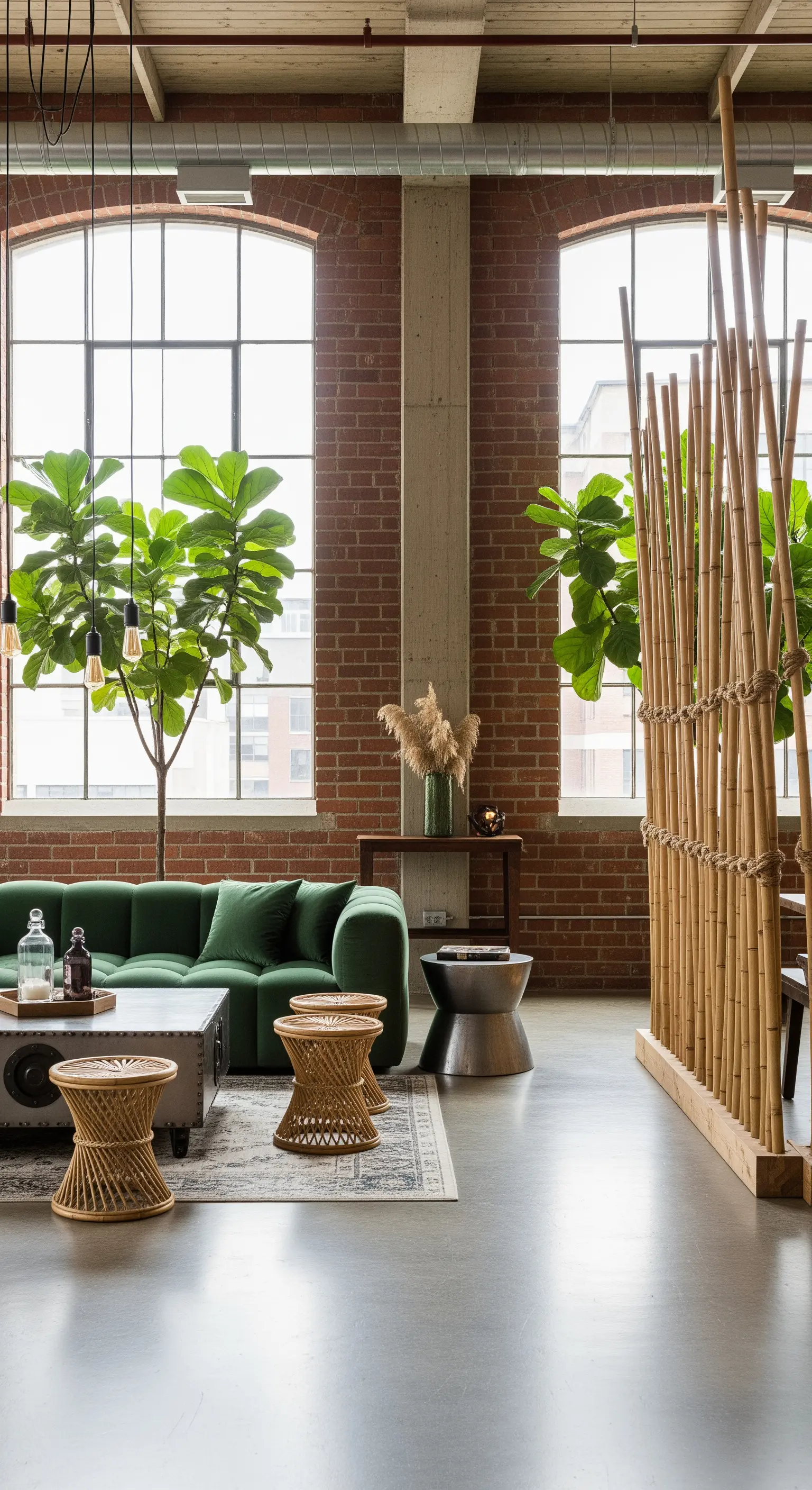 Loft industriale con pareti in mattoni e un grande divano in velluto verde.