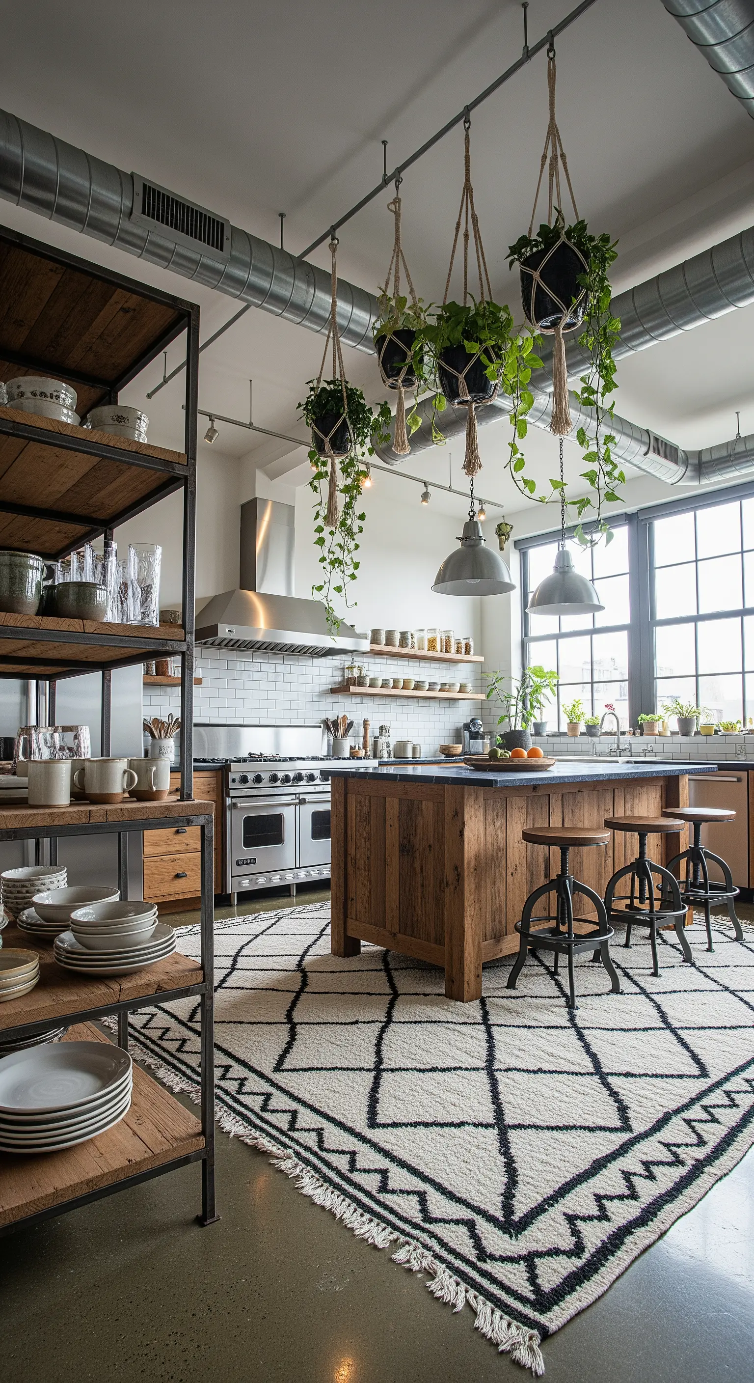 Cucina loft industriale con tappeto berbero, piante sospese sopra l'isola e scaffali in legno e metallo.
