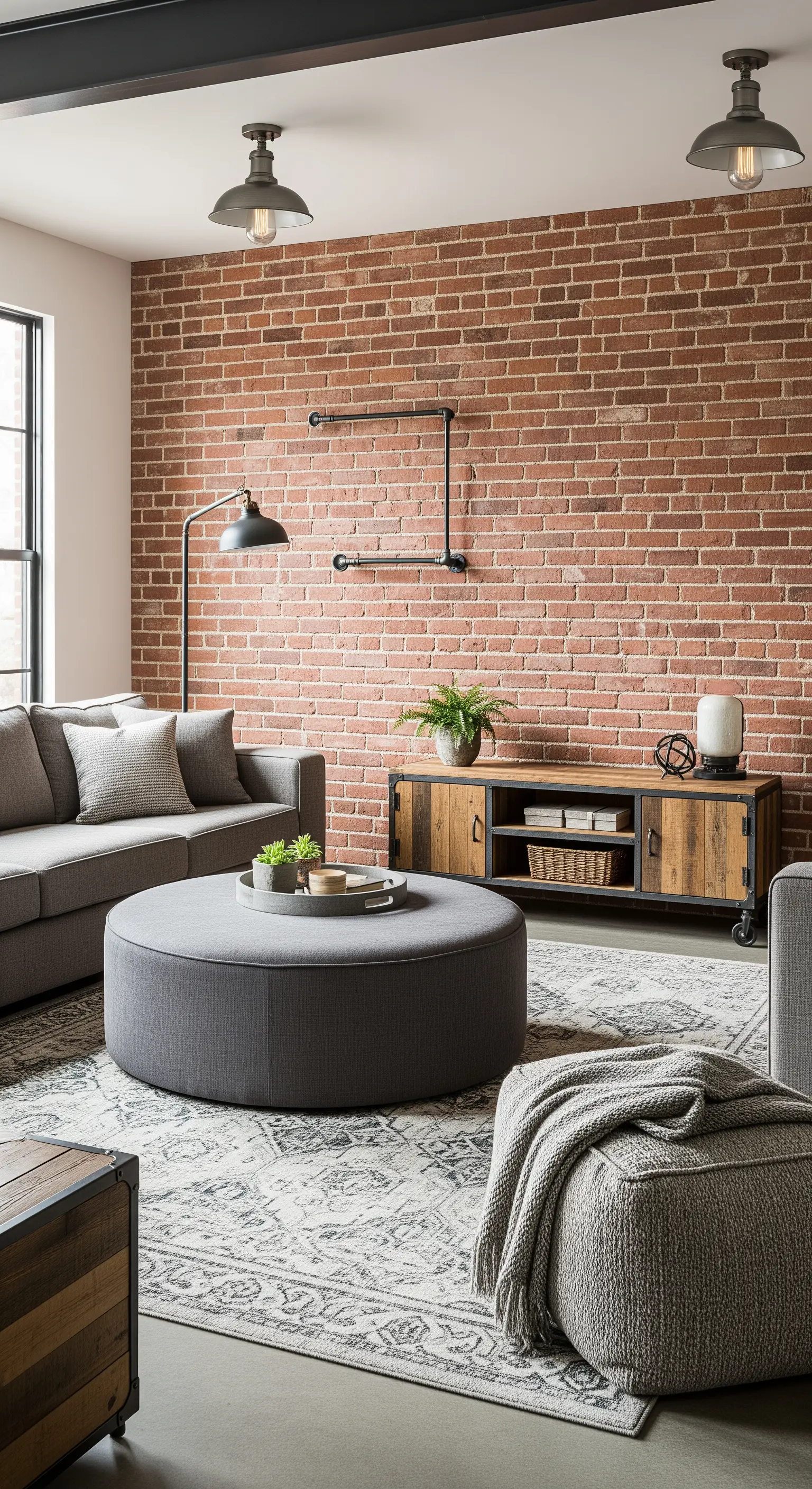 Salotto industriale con parete in mattoni, divano grigio e un grande ottoman rotondo al centro.
