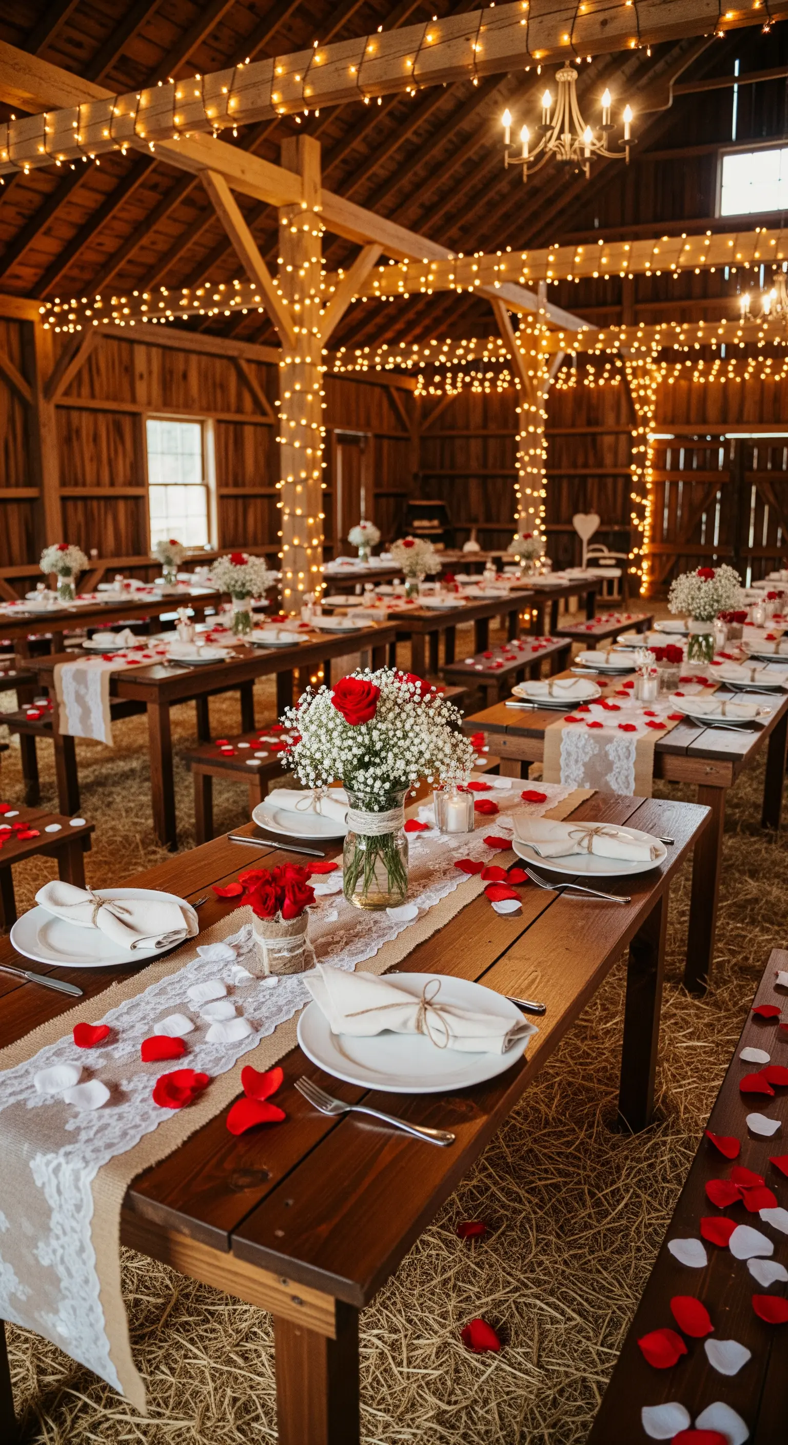 Ricevimento di nozze in un fienile con tavoli in legno, runner di pizzo e luci appese.