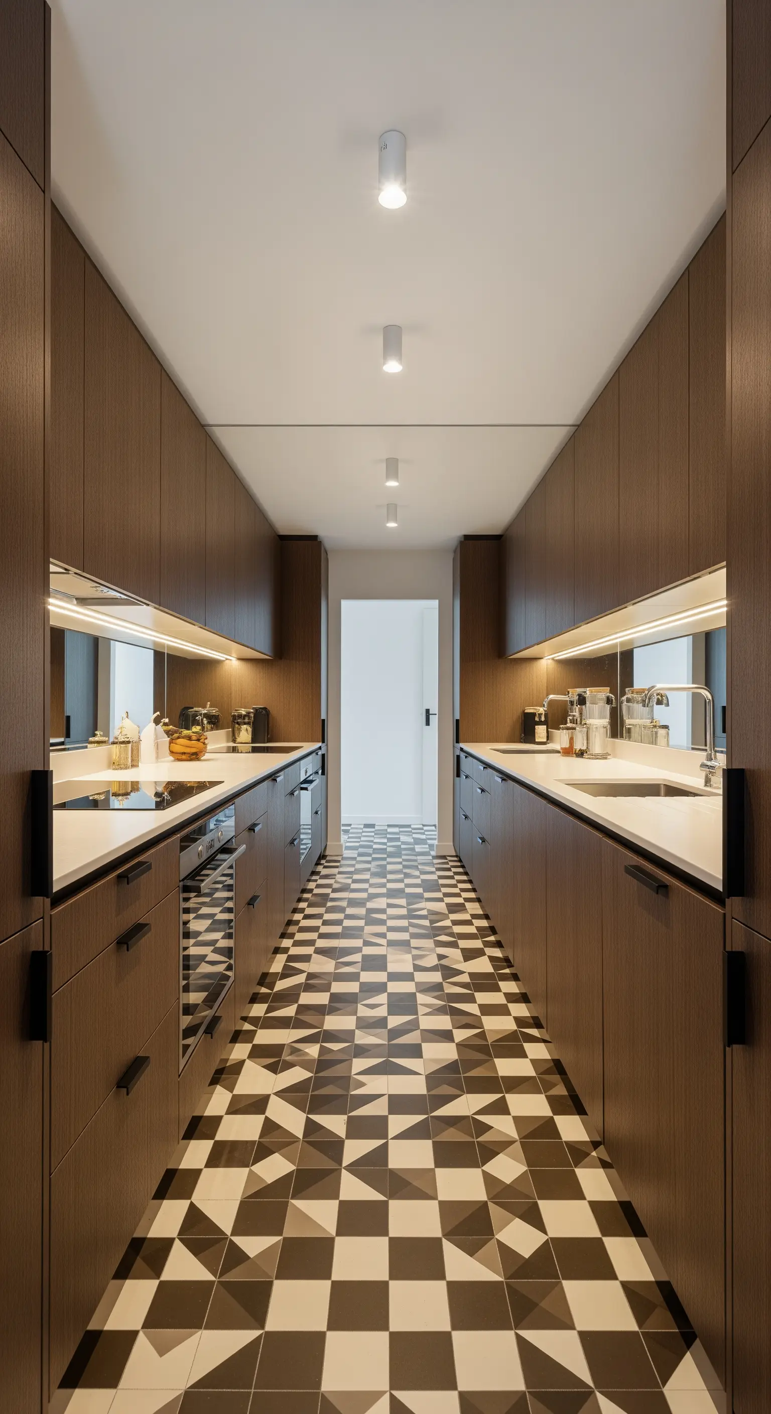 Cucina a corridoio con mobili in legno, pavimento geometrico e paraschizzi a specchio.