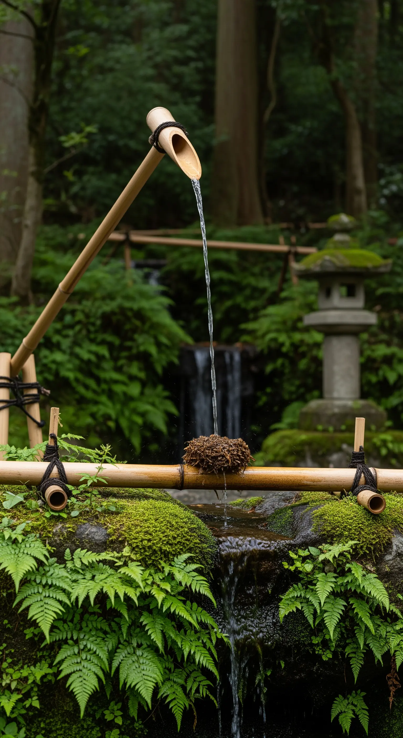 Dettaglio di una fontana 'shishi-odoshi' in bambù con muschio e felci.