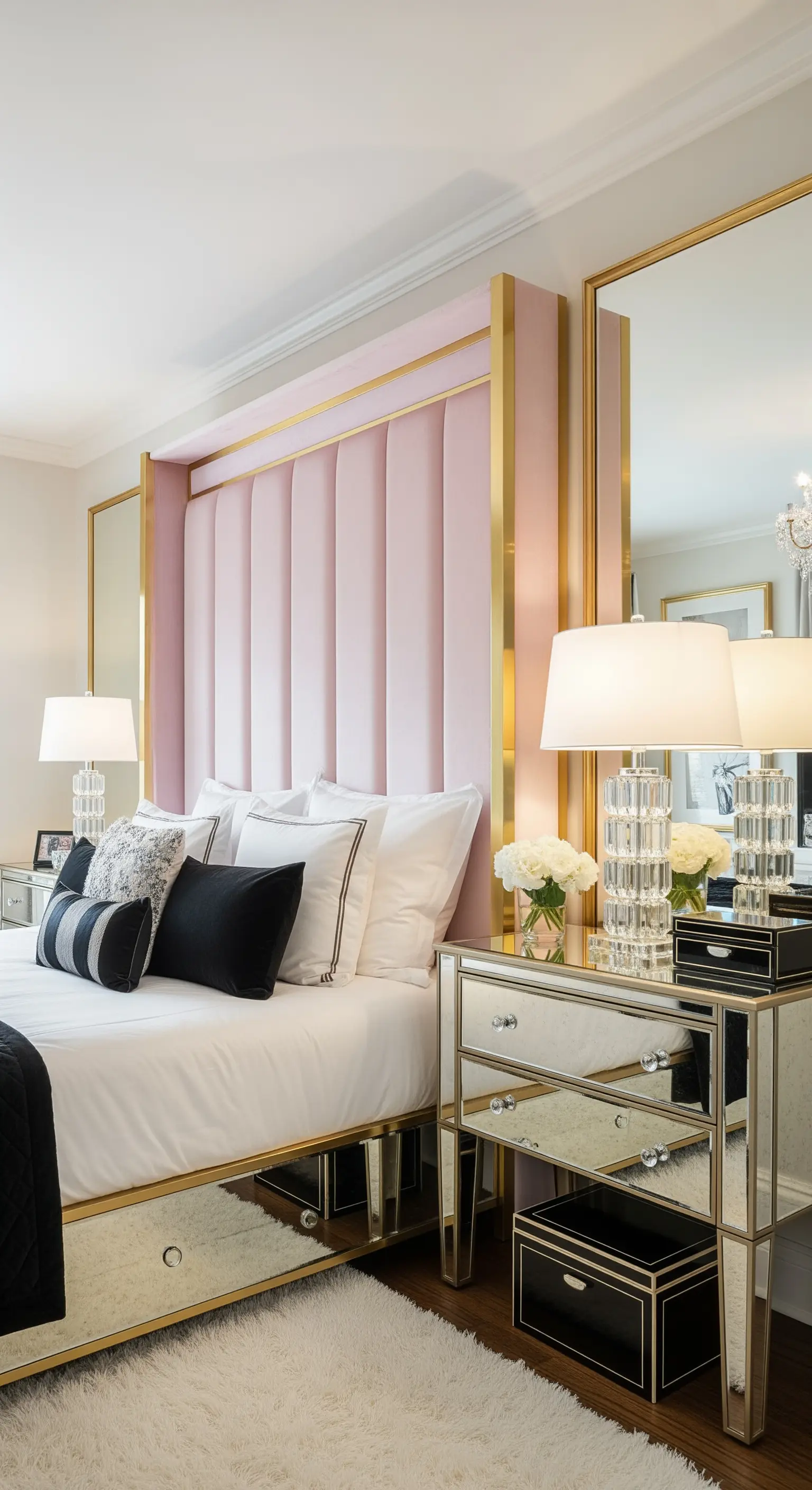 Testiera rosa alta con profili dorati, affiancata da grandi specchi e comodini a specchio.
