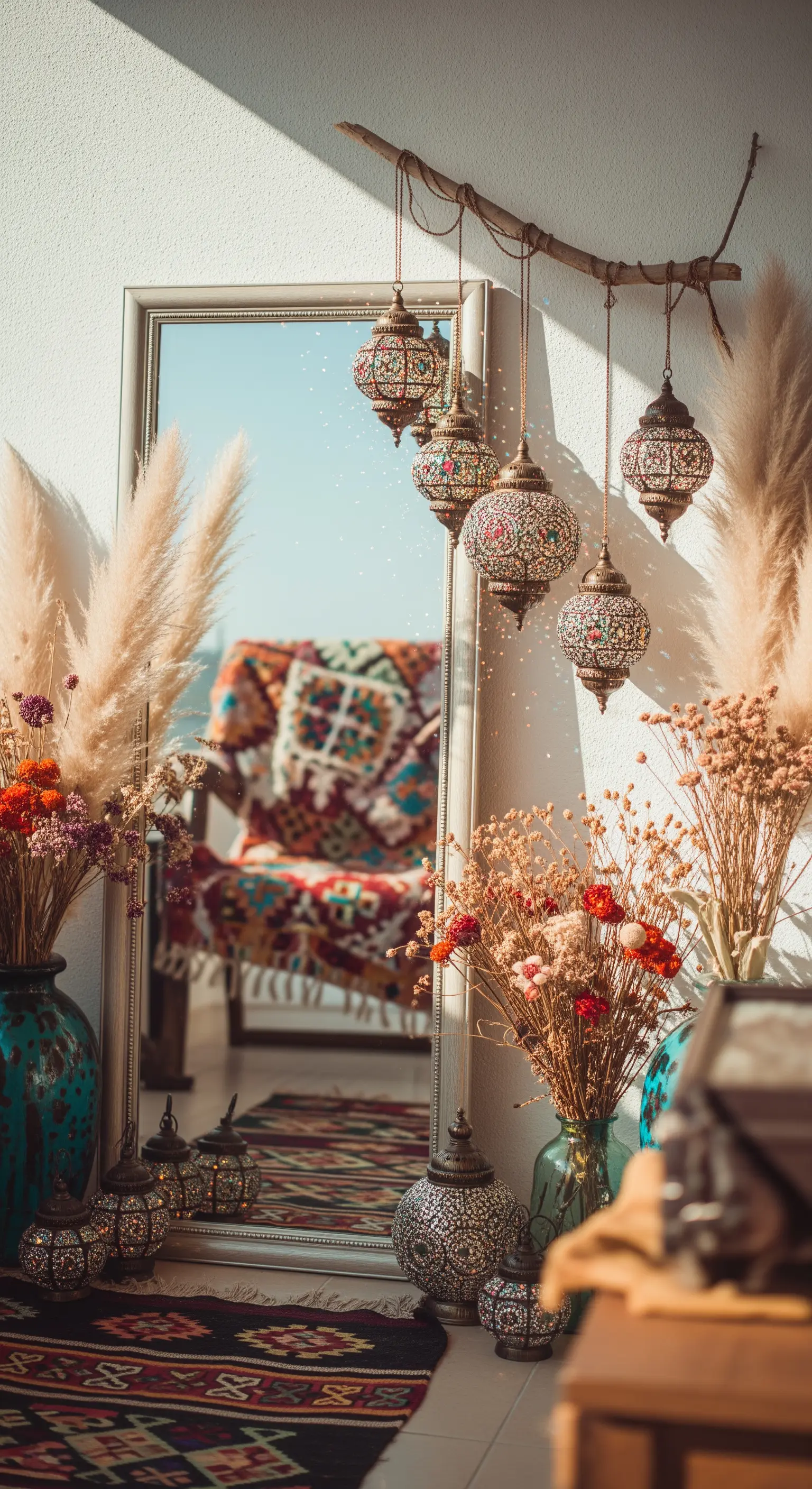 Angolo bohémien con specchio a parete che riflette lanterne, pampas e un kilim.