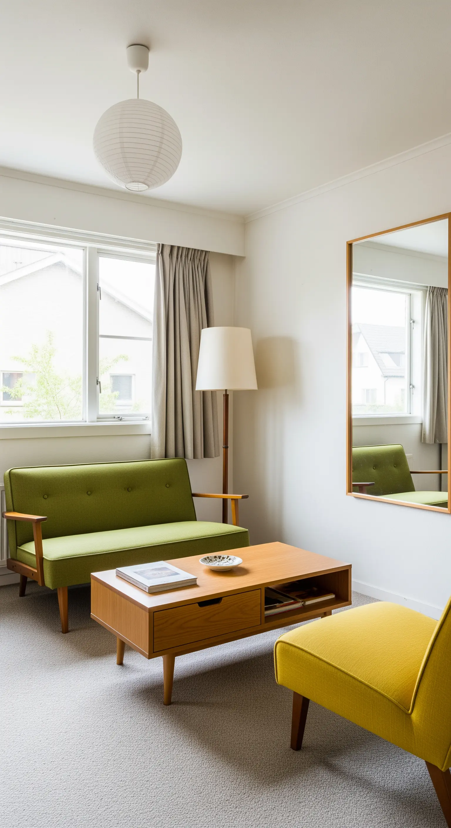 Piccolo salotto con divano verde, poltrona senape e un grande specchio alla parete.