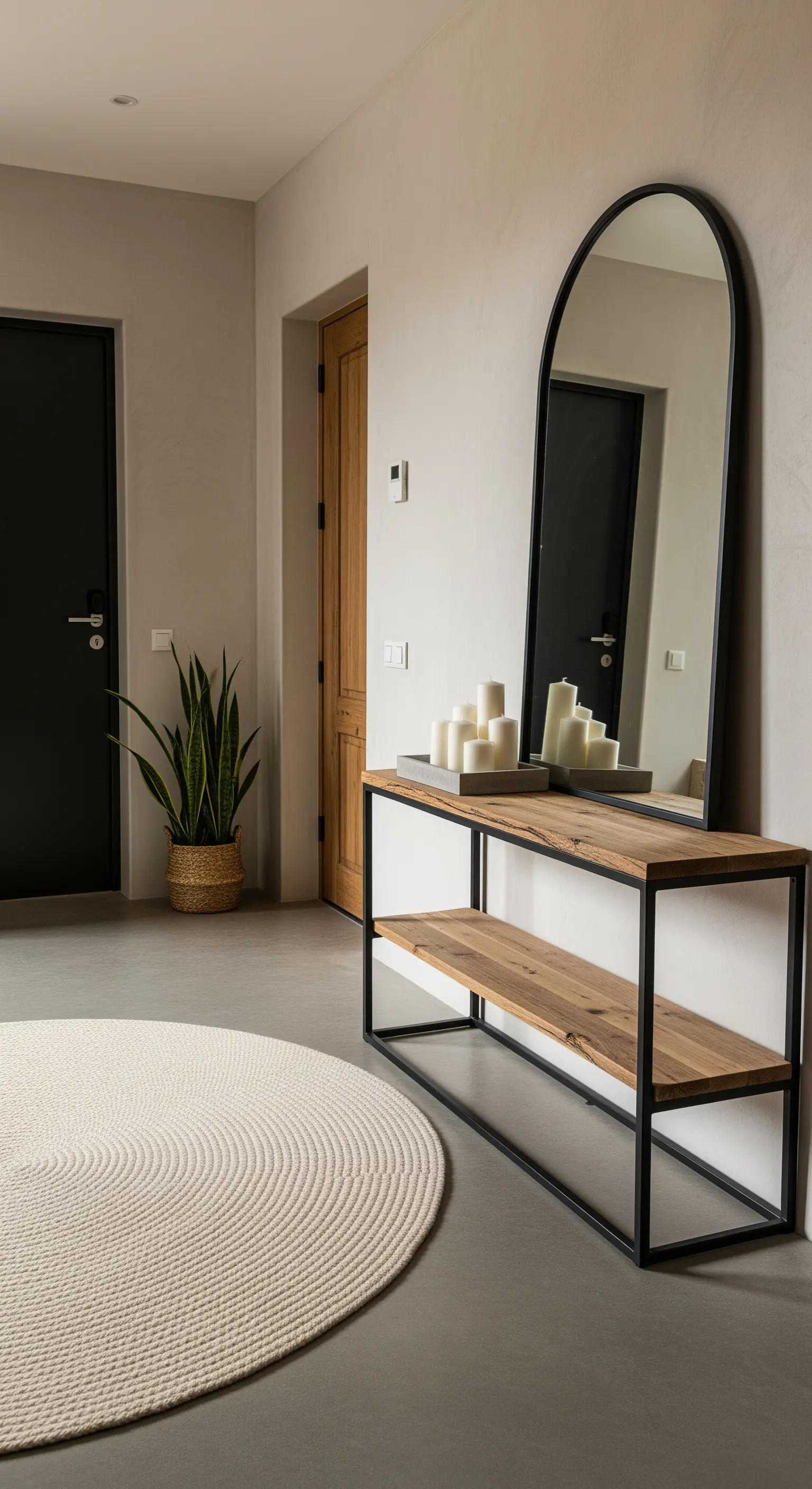 Ingresso minimalista con consolle industrial, specchio ad arco e tappeto rotondo.