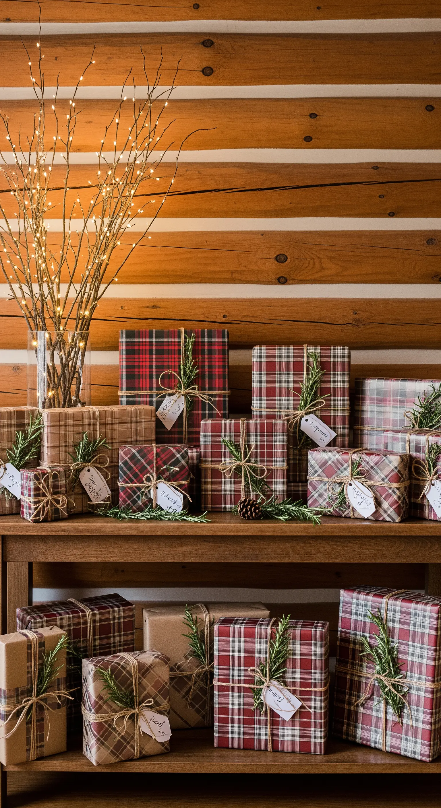 Regali di compleanno incartati con carta a quadri scozzesi e decorati con spago e rosmarino.