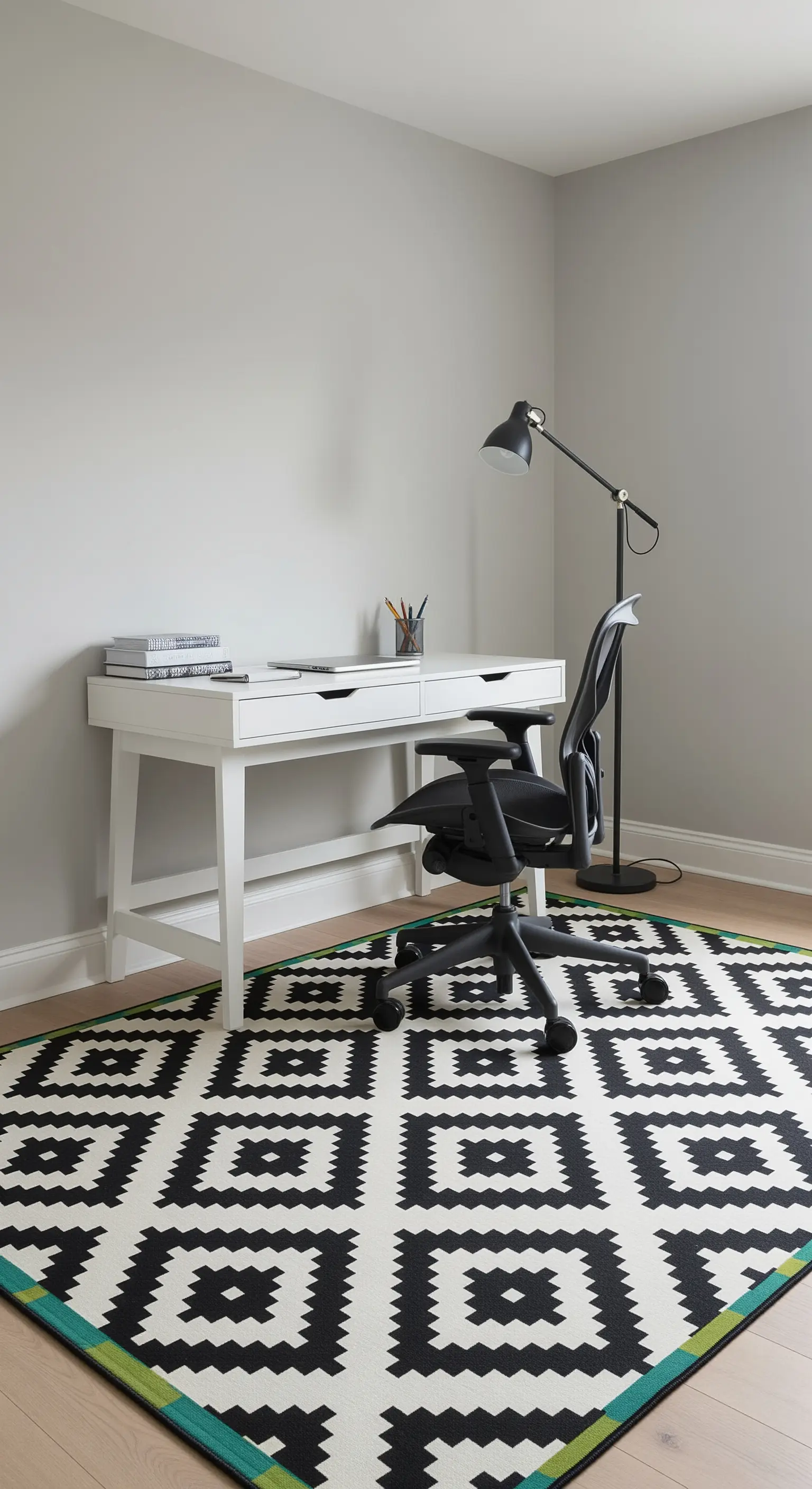 Scrivania bianca e sedia da ufficio nera posizionate su un grande tappeto con motivo geometrico.