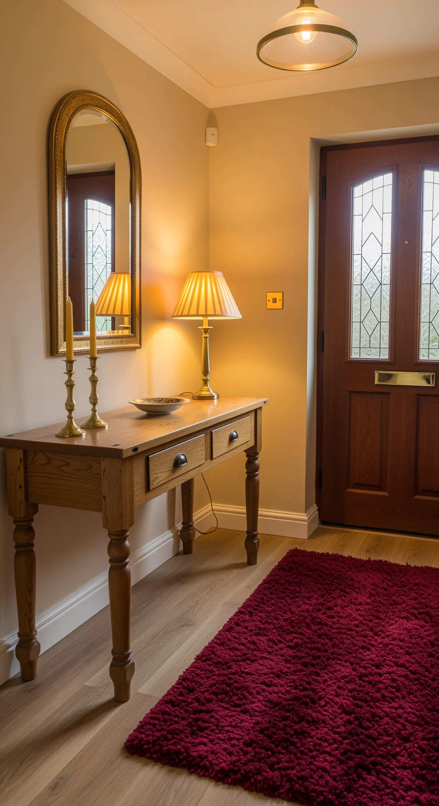 Ingresso classico con consolle in rovere, tappeto rosso a pelo lungo e lampada da tavolo accesa.