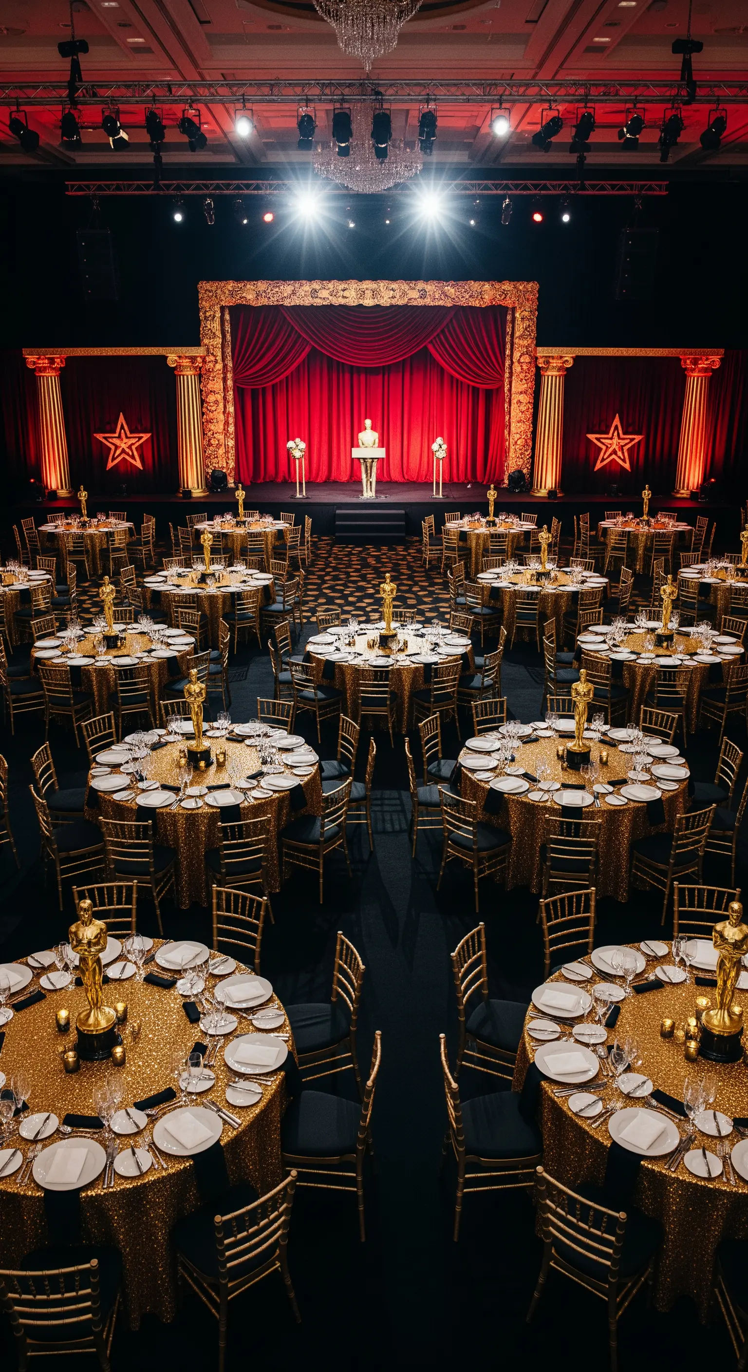 Sala da ricevimento allestita come la notte degli Oscar, con tavoli dorati e palco rosso