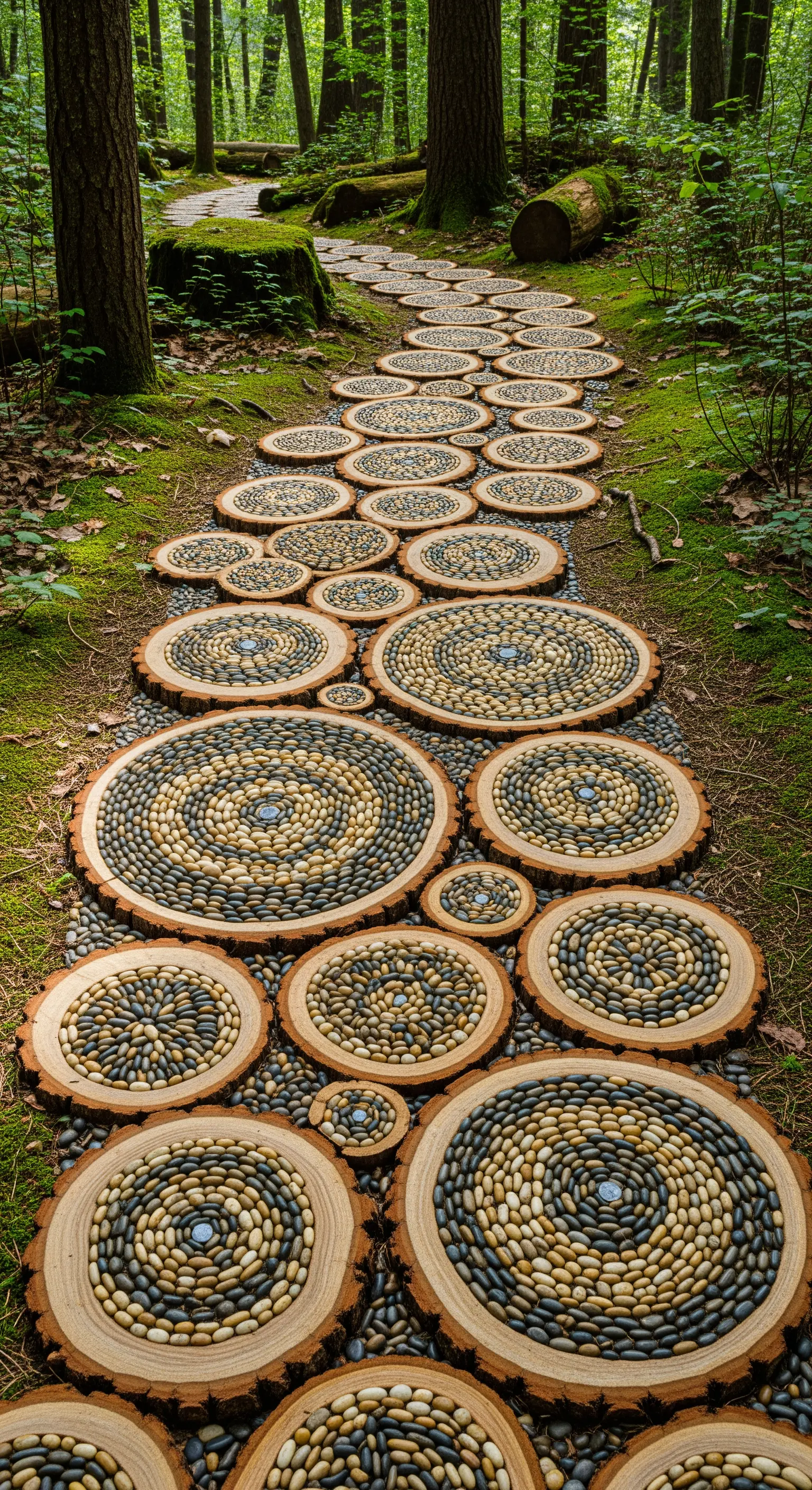Sentiero nel bosco fatto di sezioni di tronco riempite con mosaici a spirale di ciottoli.